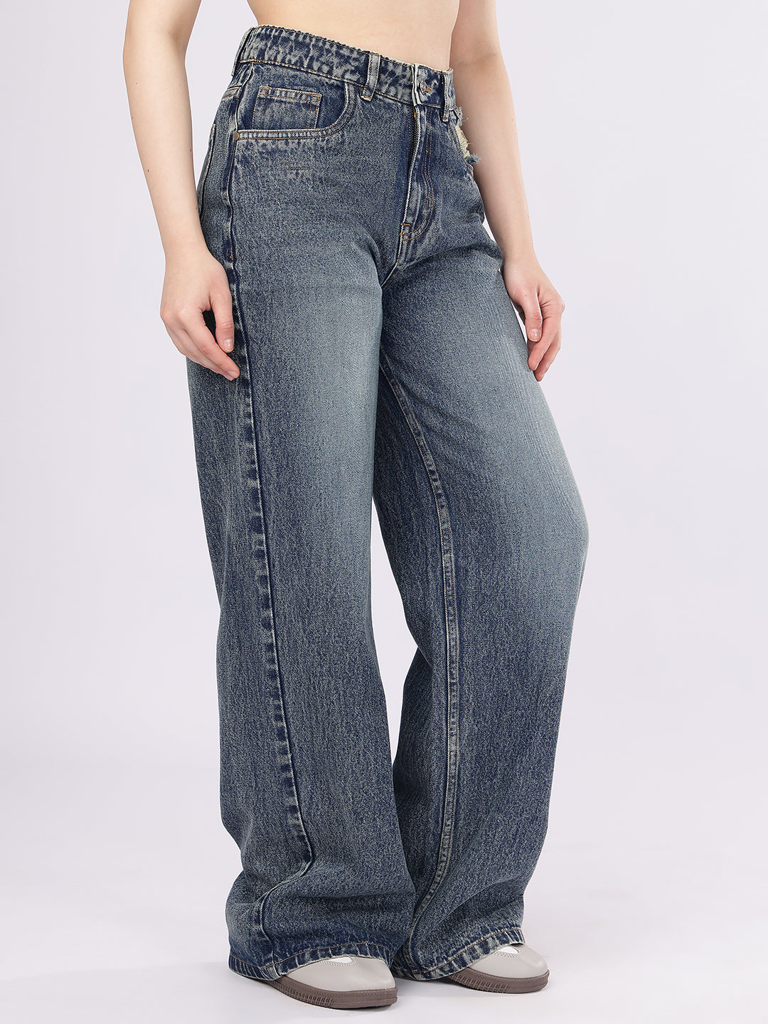 PUELLA Women's Acid Wash High-Rise Baggy Fit Jeans with Single Distress Detail