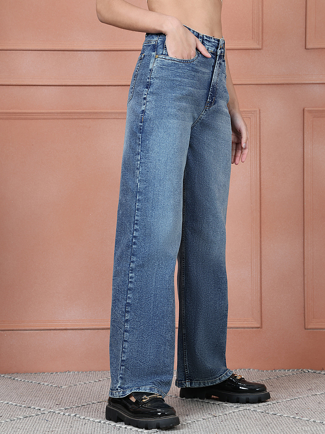 PUELLA Women Mid Blue Washed High-Rise Wide-Leg Jeans