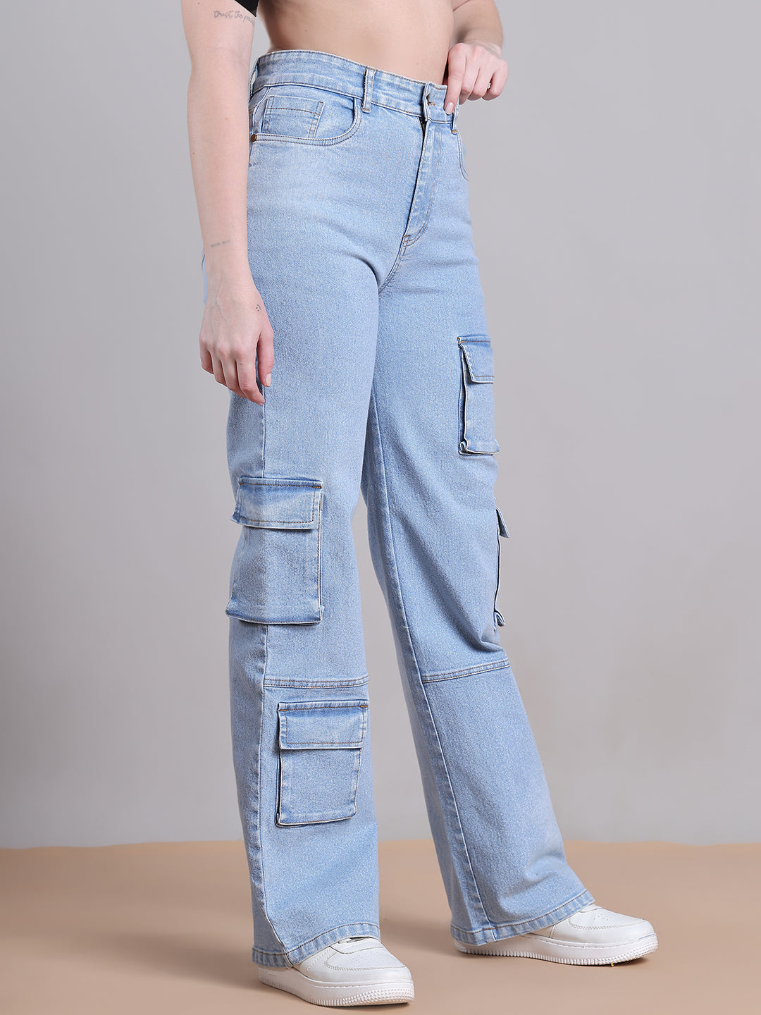 PUELLA Women Light Blue High-Rise Multi-Pocket Cargo Wide-Leg Jeans