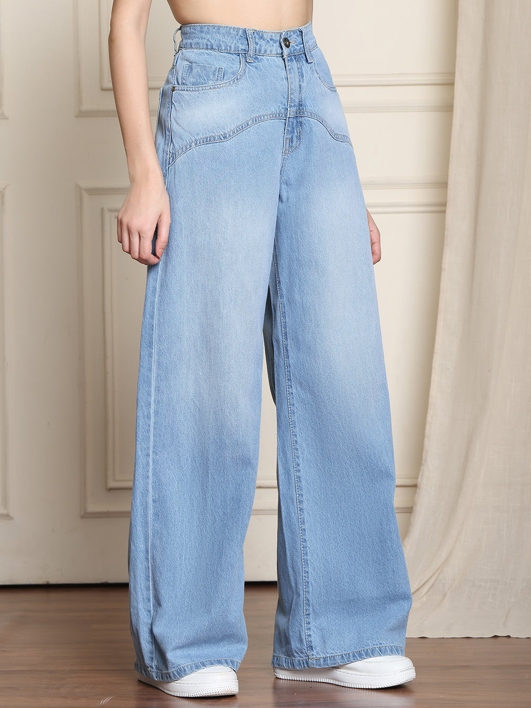 PUELLA Women’s Light Blue High-Rise Loose Straight Fit Jeans with Yoke Design