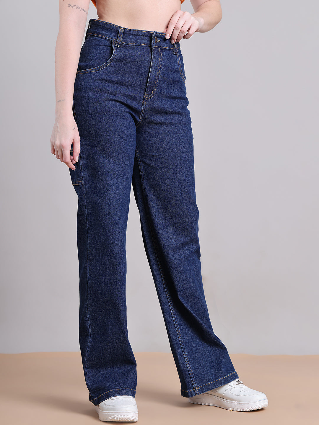 PUELLA Women Dark Blue High-Rise Utility Pocket Wide-Leg Jeans