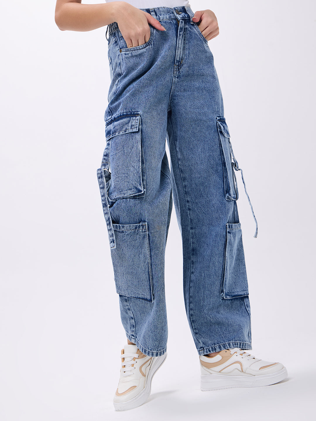 PUELLA Women High-Rise Light Blue Cargo Wide-Leg Jeans