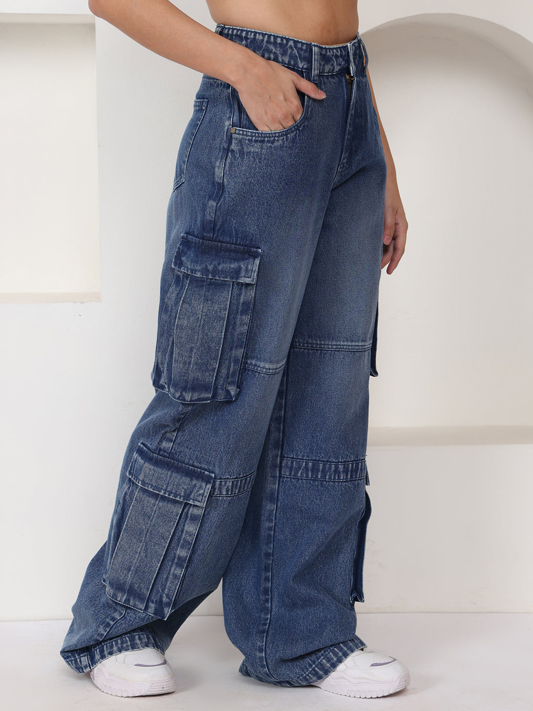 PUELLA Women Medium Blue Light-Fade High-Rise Relaxed Fit Cargo Jeans