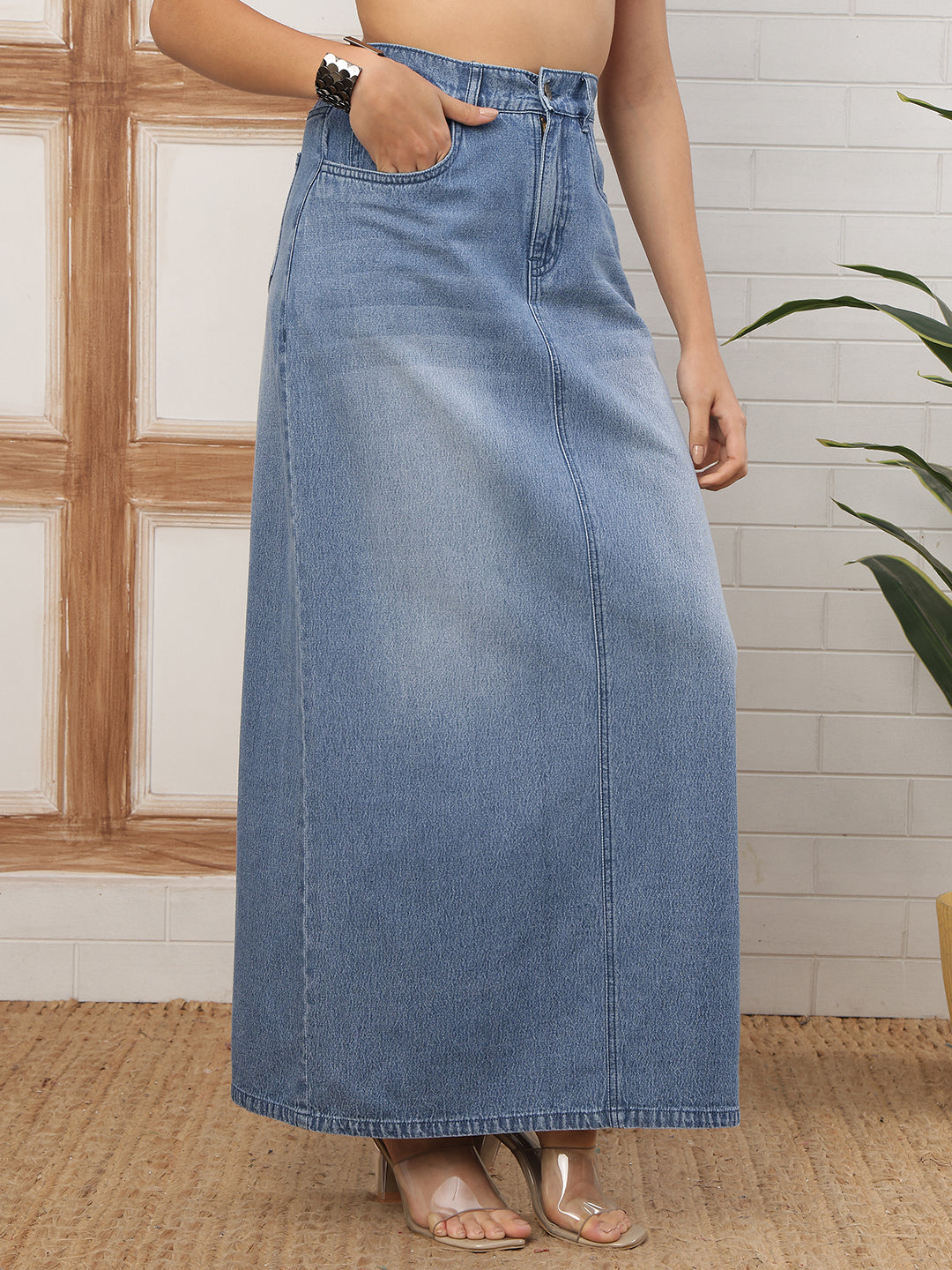 Women’s Mid Blue High-Rise Denim Long Skirt