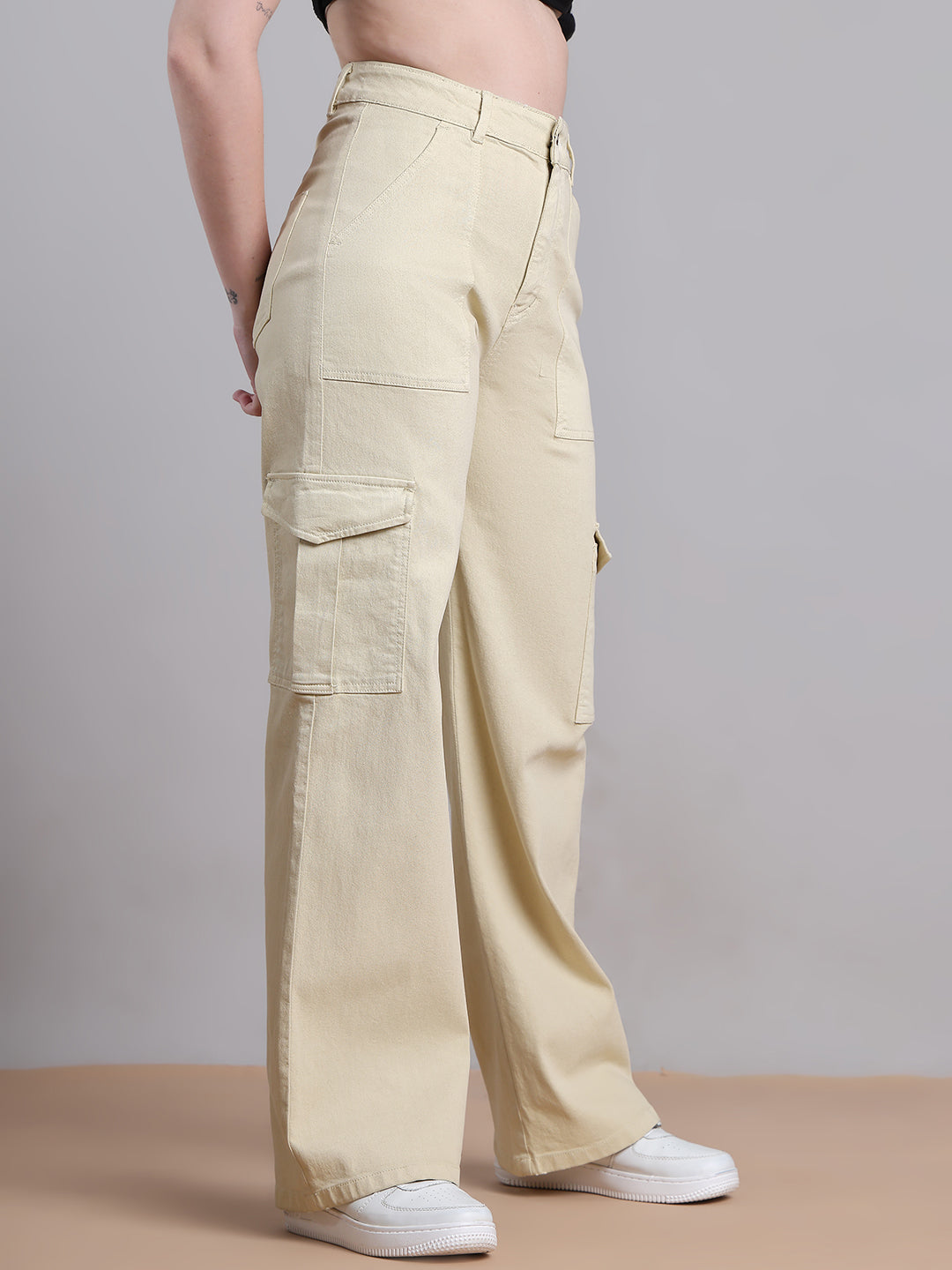 PUELLA Women Beige High-Rise Cargo Wide-Leg Jeans
