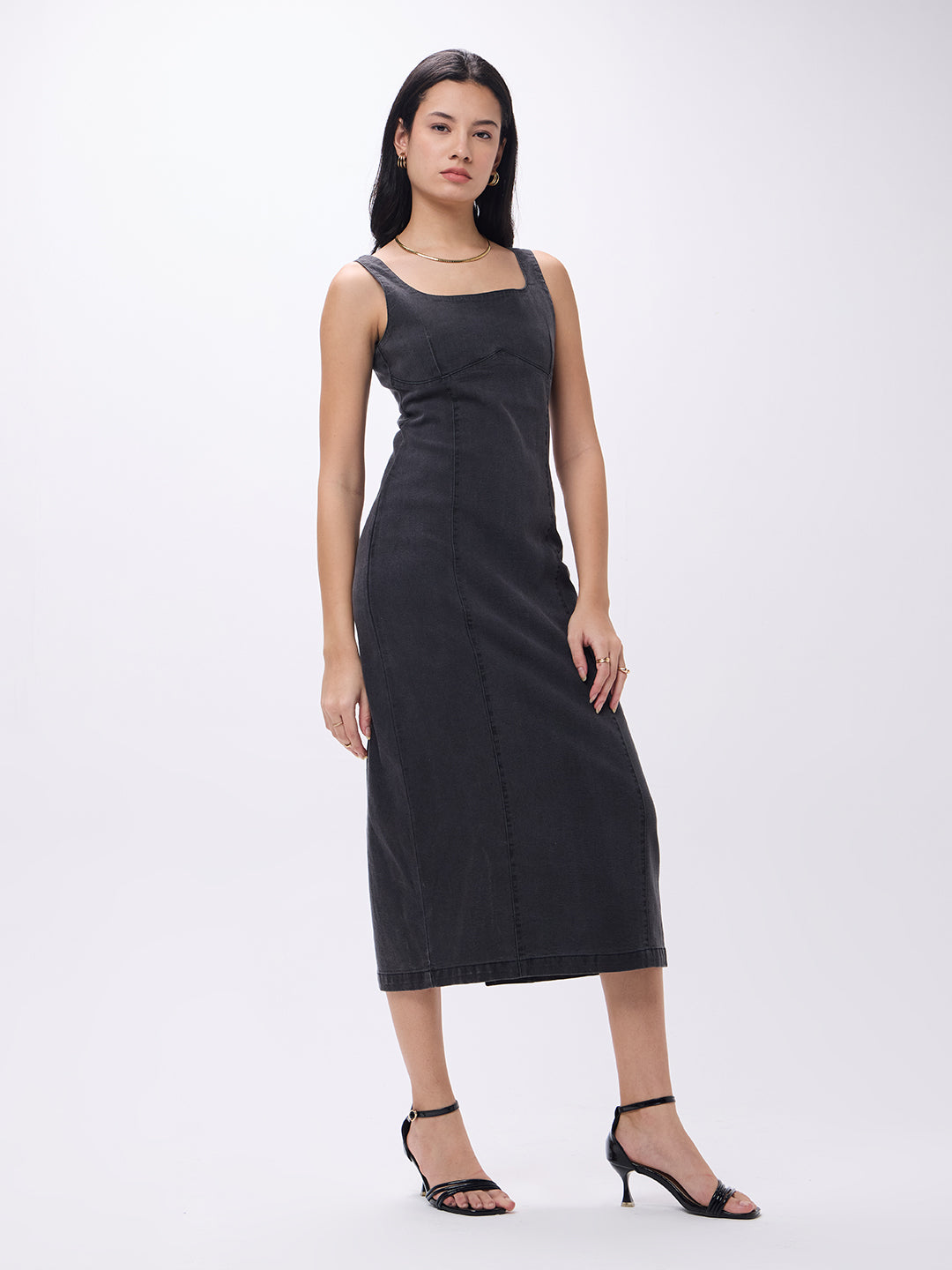PUELLA Women's Black Denim Bodycon Midi Dress with Square Neck & Back Slit