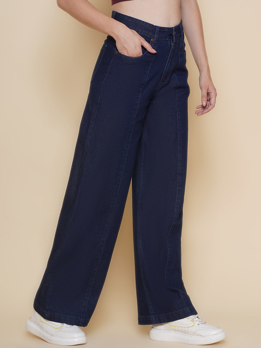 PUELLA Women’s High-Rise Loose Straight Fit Jeans – Dark Navy Blue Denim