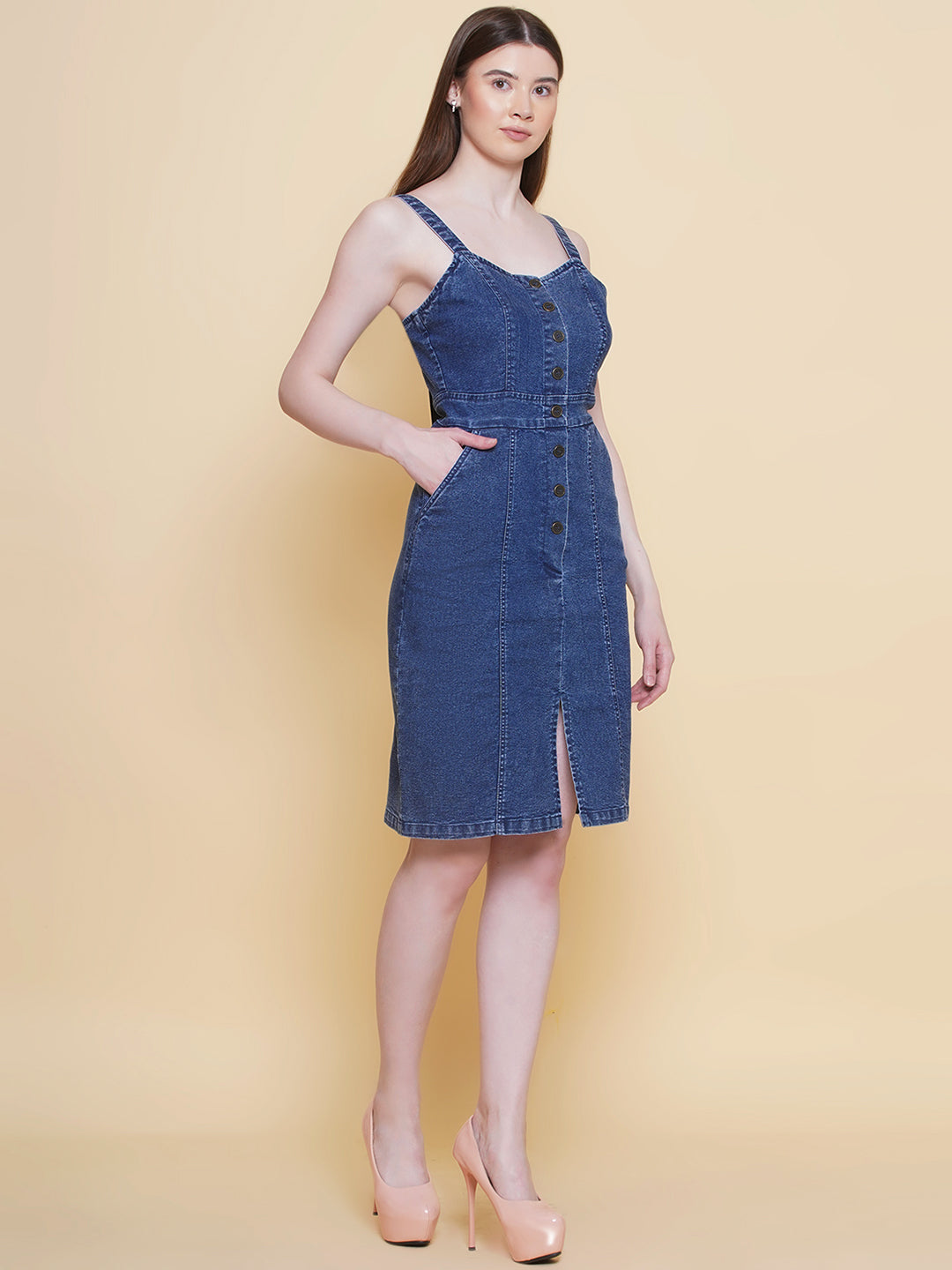 PUELLA Women Blue Denim Button-Down Midi Dress with Slit