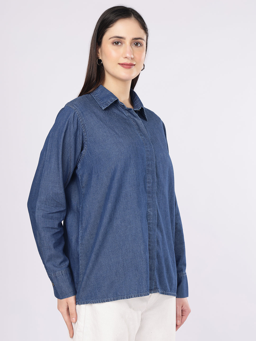 Women’s Blue Relaxed Fit Hidden Placket Denim Shirt