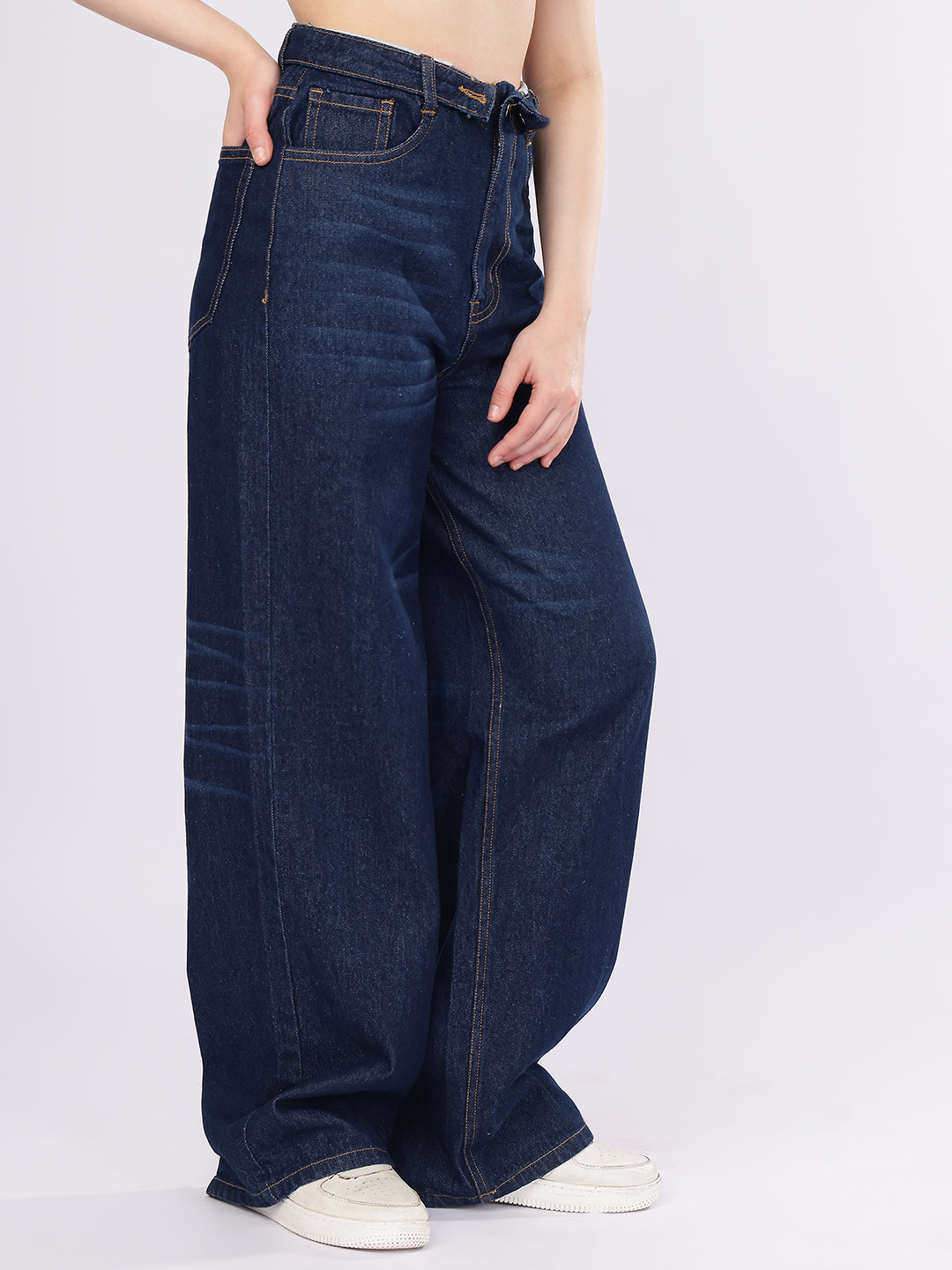 PUELLA Dark Blue Asymmetric Waist Baggy Fit Denim Jeans with Whisker Details