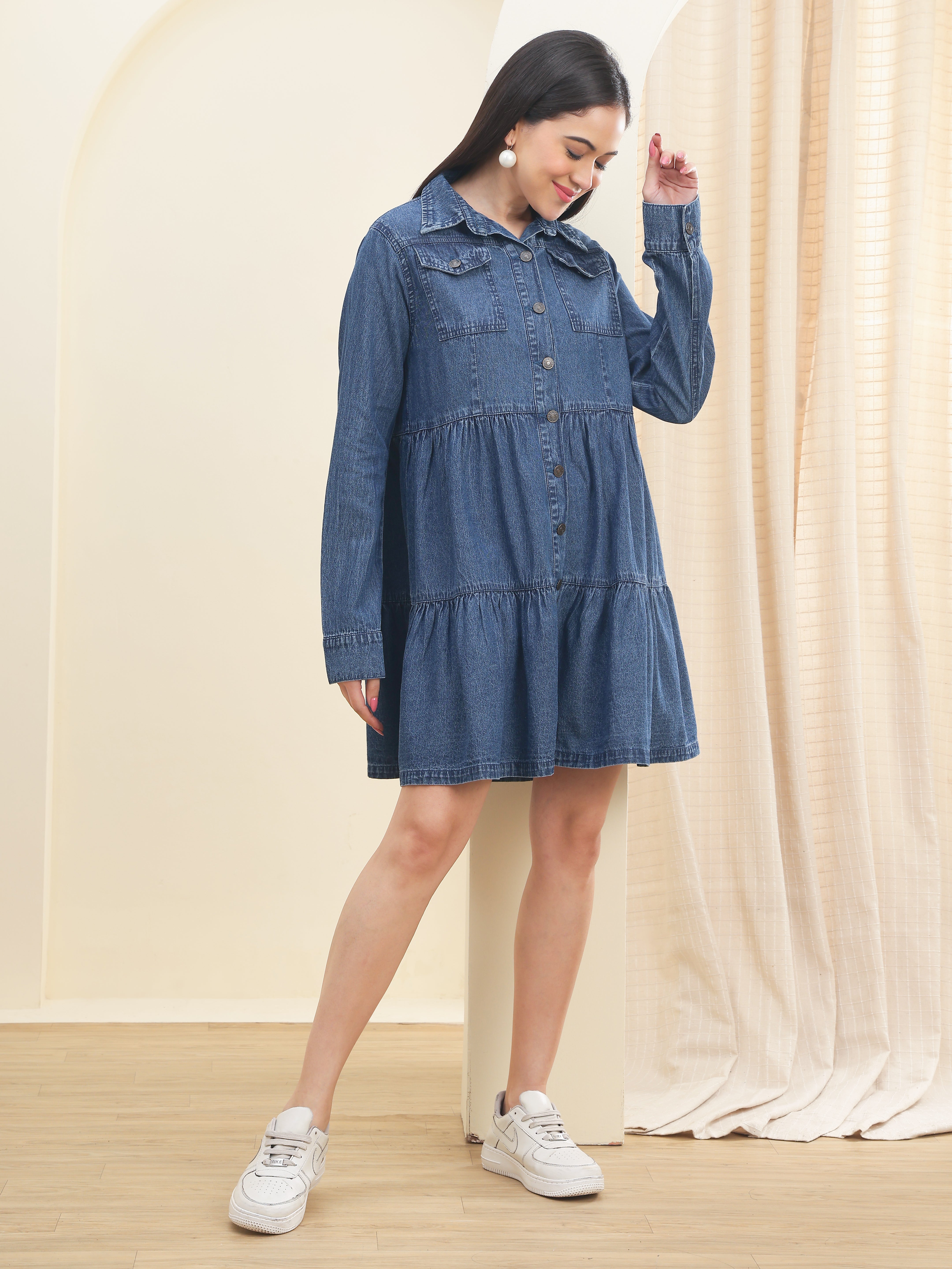 DOZER Mid Blue Denim Tiered Shirt Dress