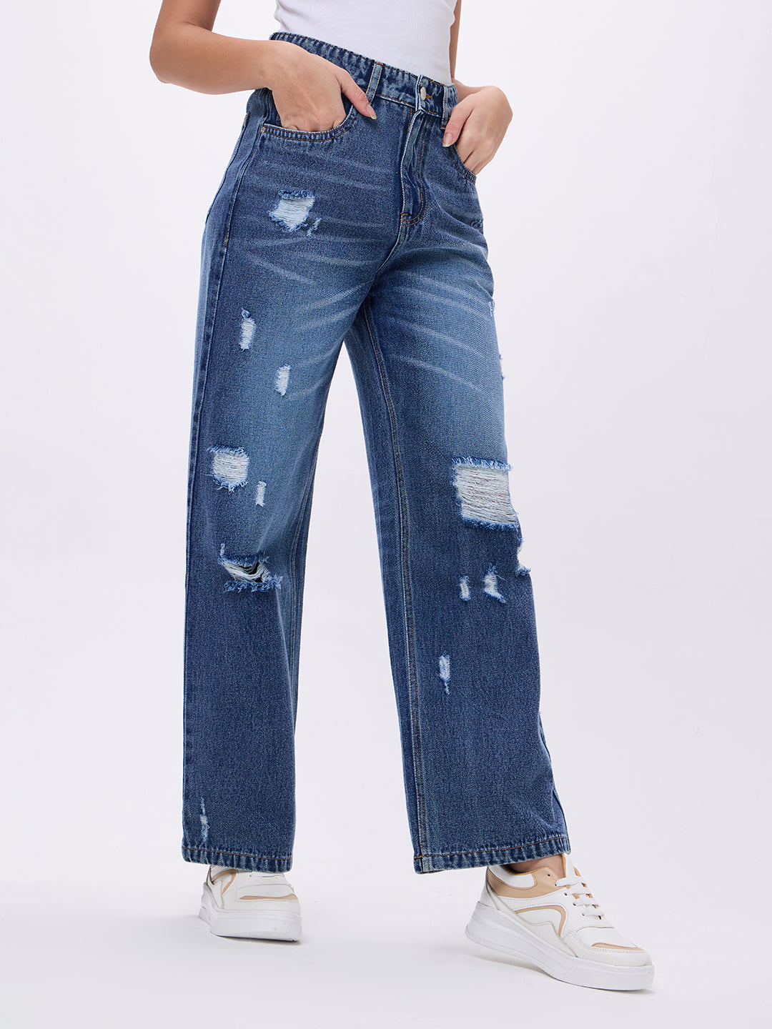 PUELLA Women High-Rise Distressed Blue Wide-Leg Jeans
