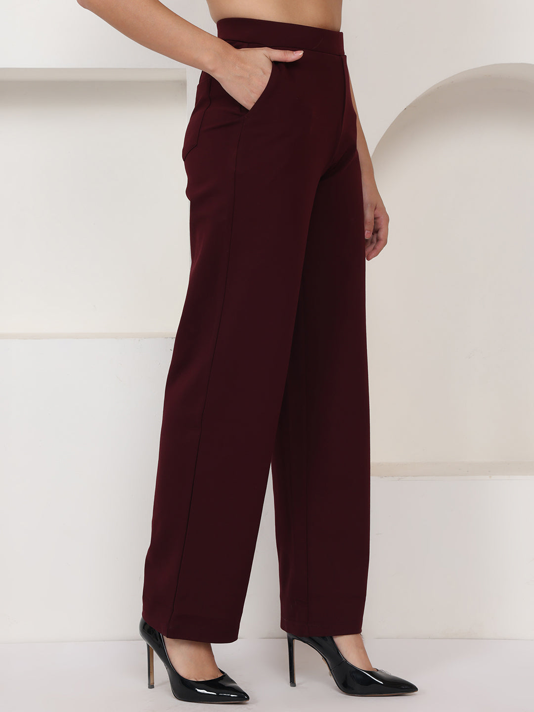 PUELLA Maroon High-Rise Wide-Leg Formal Trousers