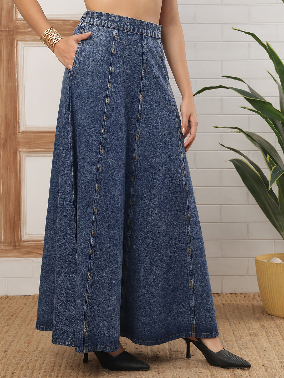 Women’s Indigo Blue Flared Denim Maxi Skirt