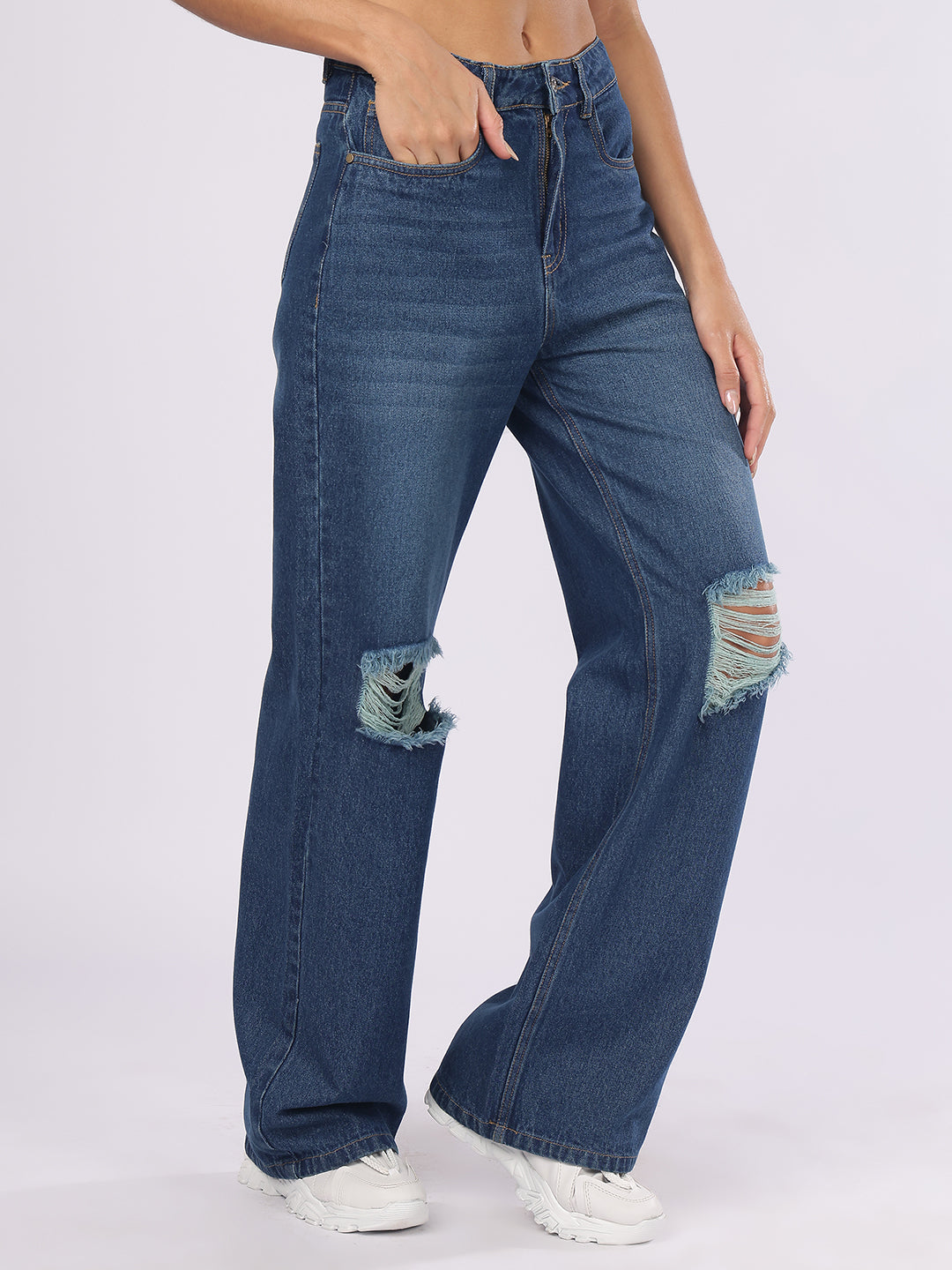 Women’s Dark Blue Distressed Straight Fit Denim Jeans