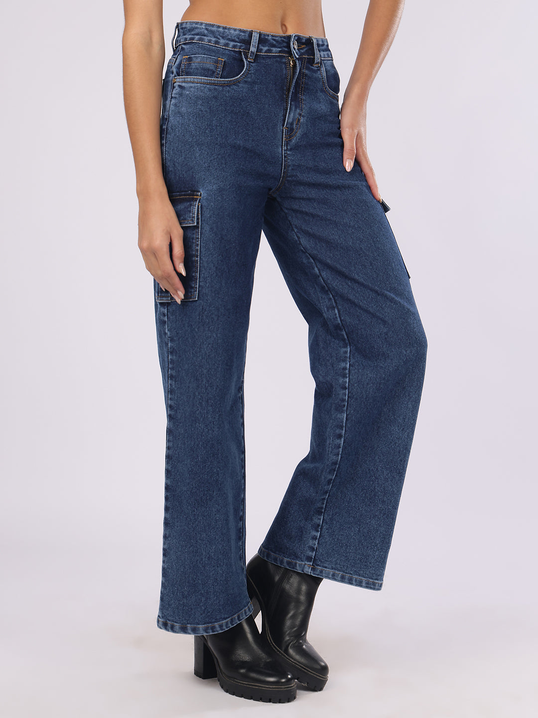 Women’s Dark Blue Straight Fit Cargo Denim Jeans