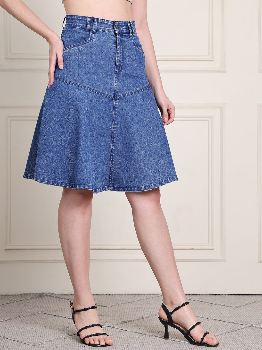 PUELLA Women's Blue Solid Flared Knee-Length Denim Skirt