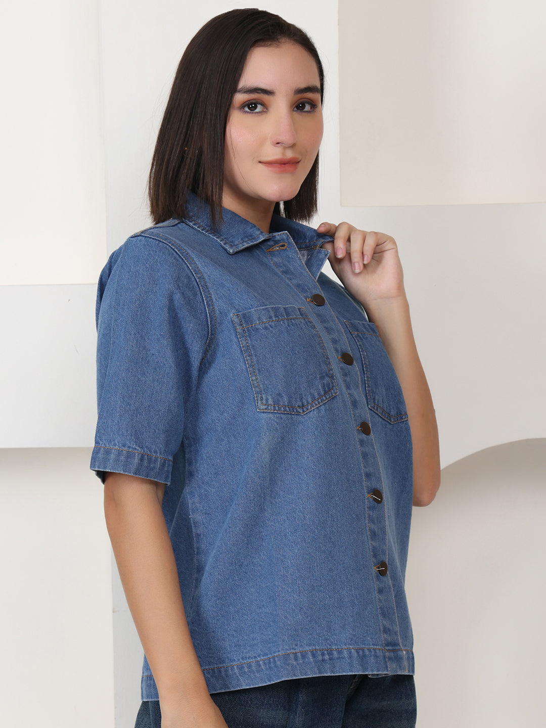 PUELLA Women Blue Denim Relaxed Fit Short Sleeve Shirt