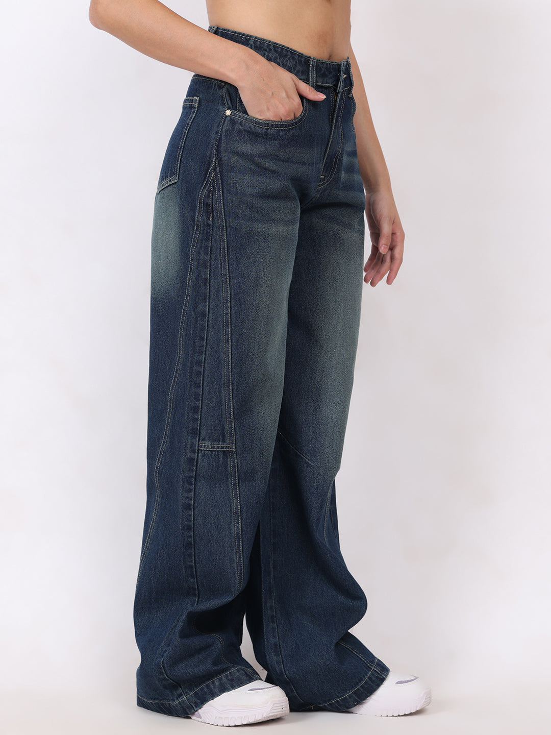 PUELLA Women Medium Blue High-Rise Baggy Jeans