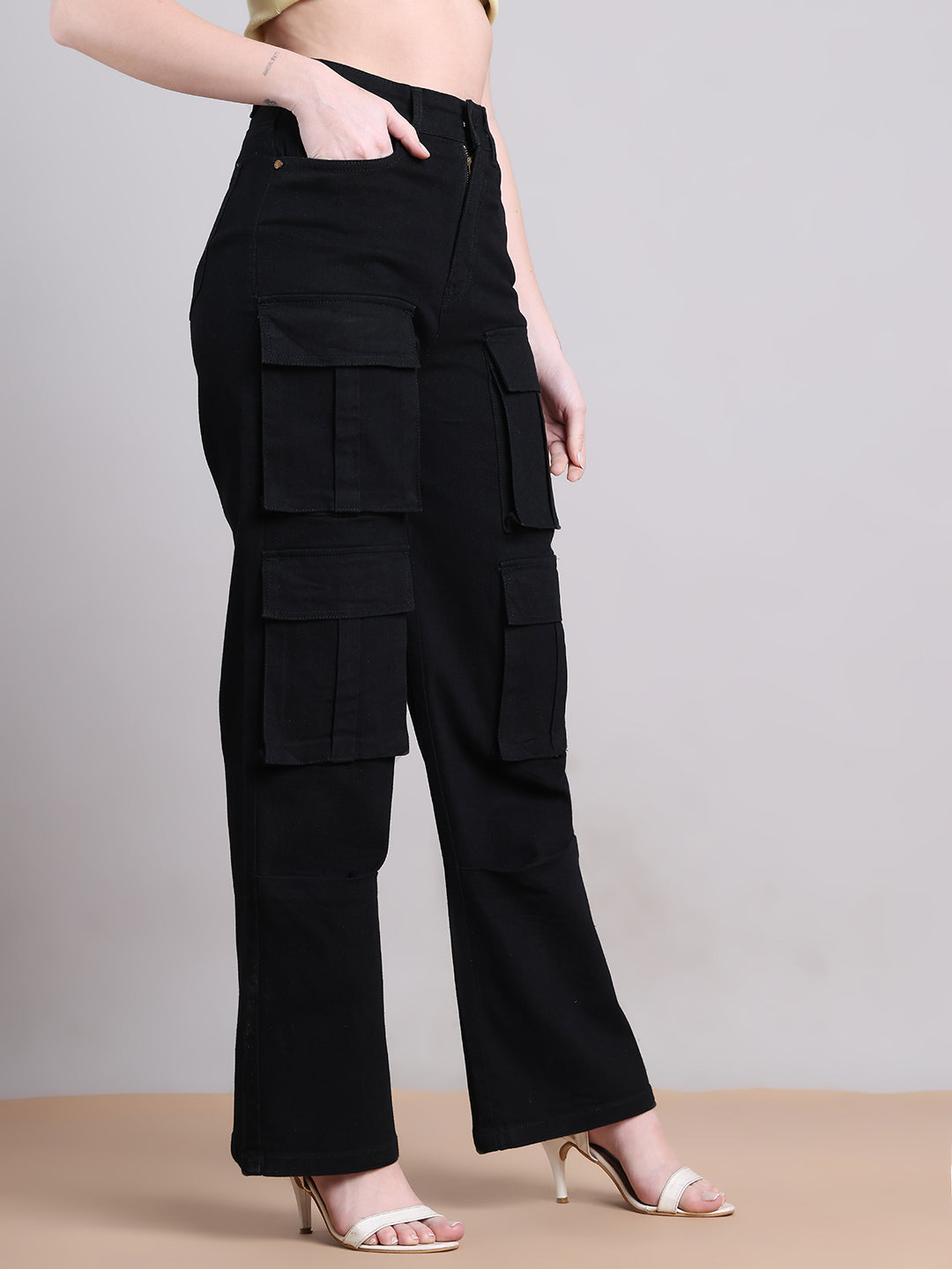 PUELLA Women Black High-Rise Multi-Pocket Cargo Wide-Leg Jeans