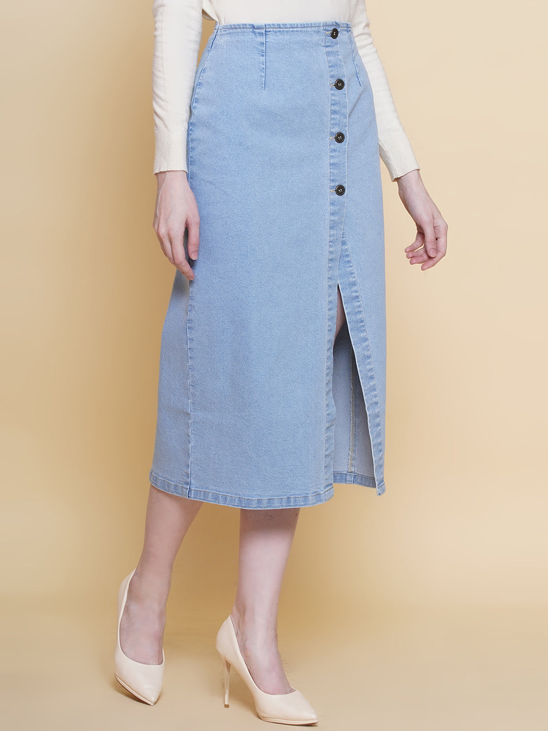 PUELLA Women’s Light Blue High-Rise Denim Midi Skirt