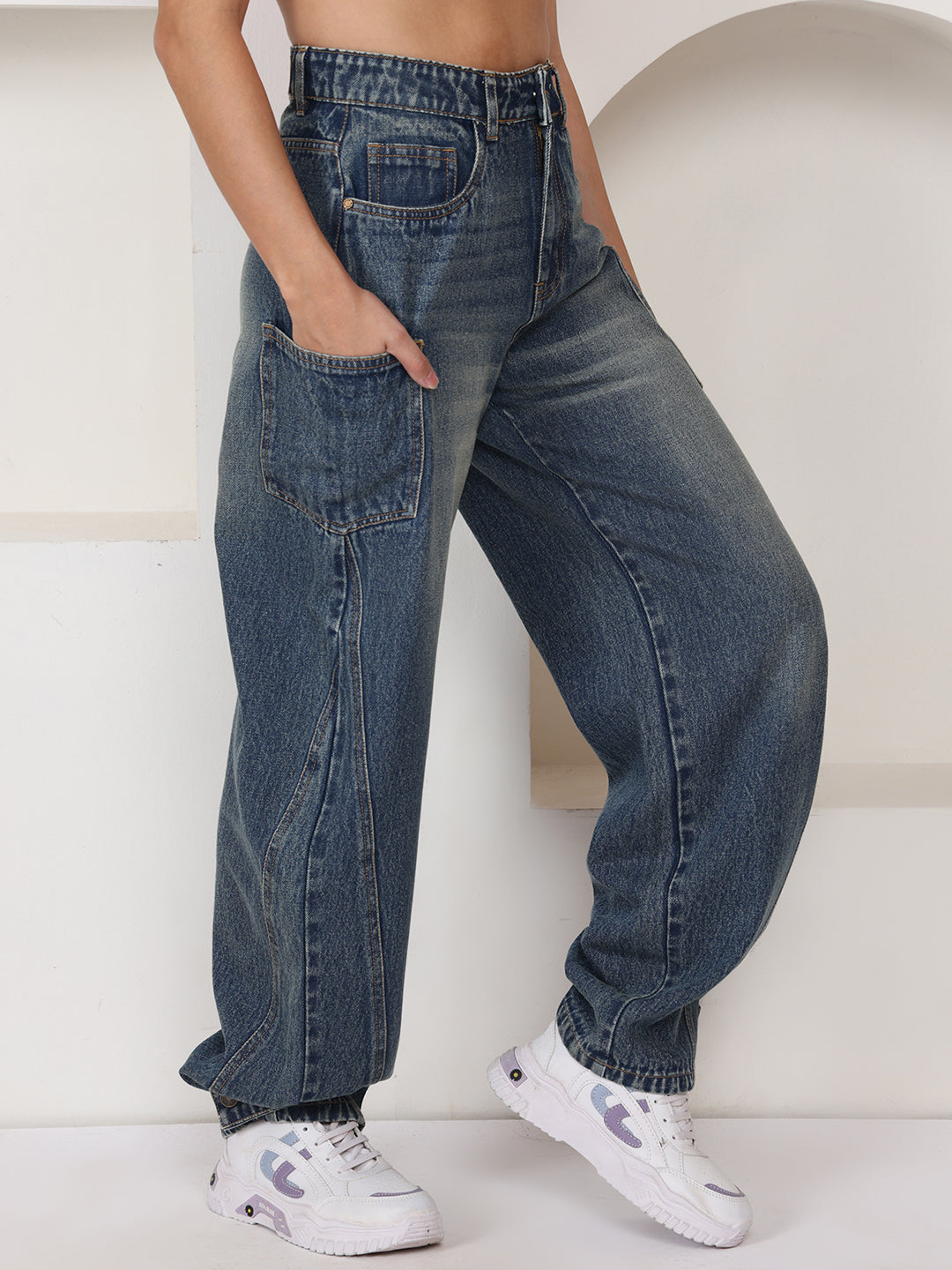 PUELLA Women Medium Blue Light-Fade High-Rise Baggy Cargo Jeans