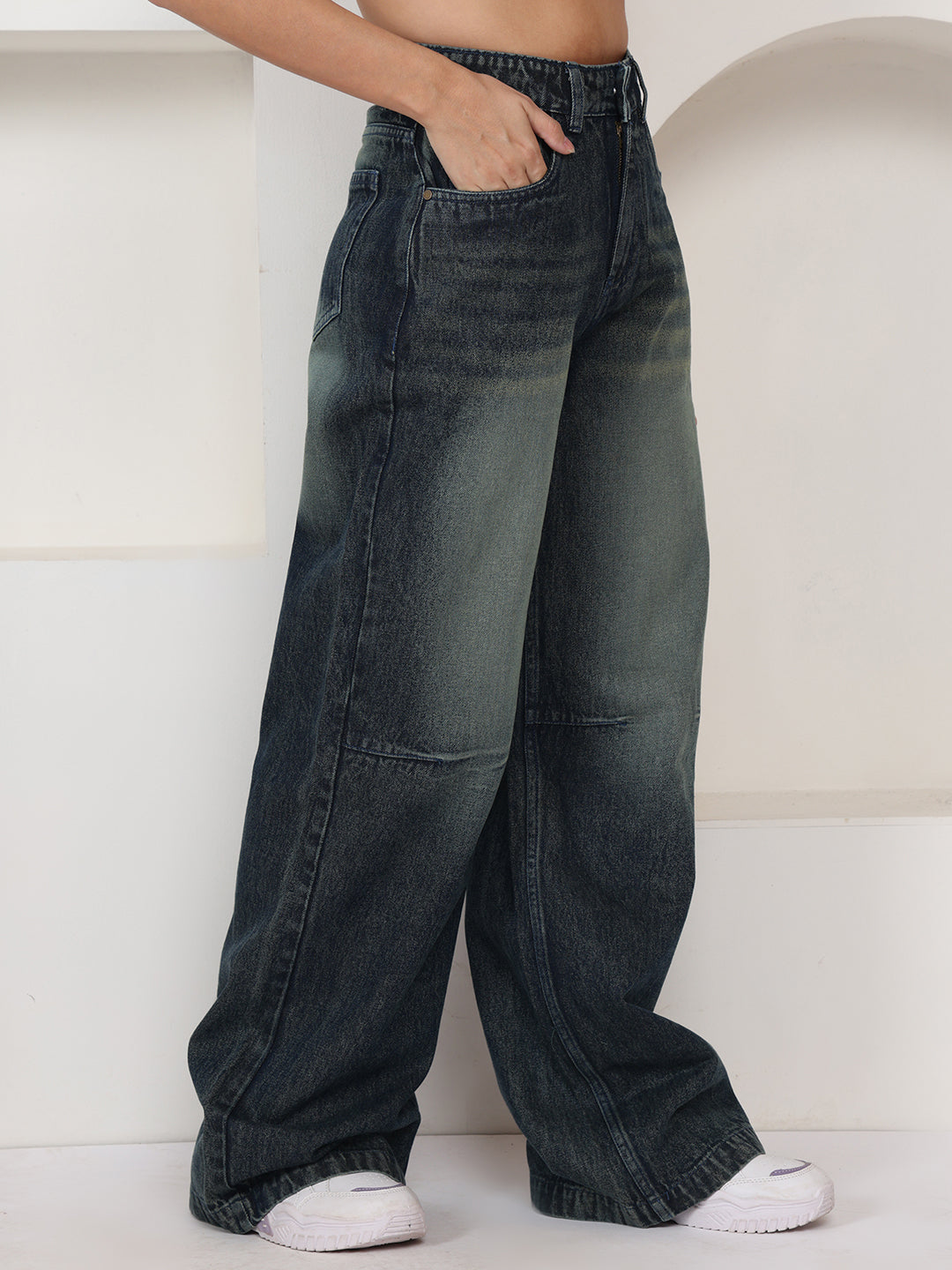 PUELLA Women Dark Black Heavy-Fade High-Rise Baggy Jeans