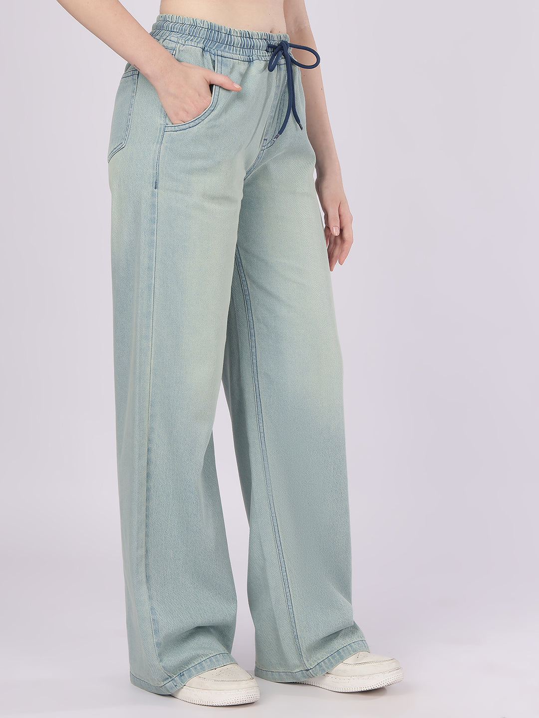 PUELLA Women's Relaxed Fit Light Blue Wide-Leg Denim Pants with Drawstring