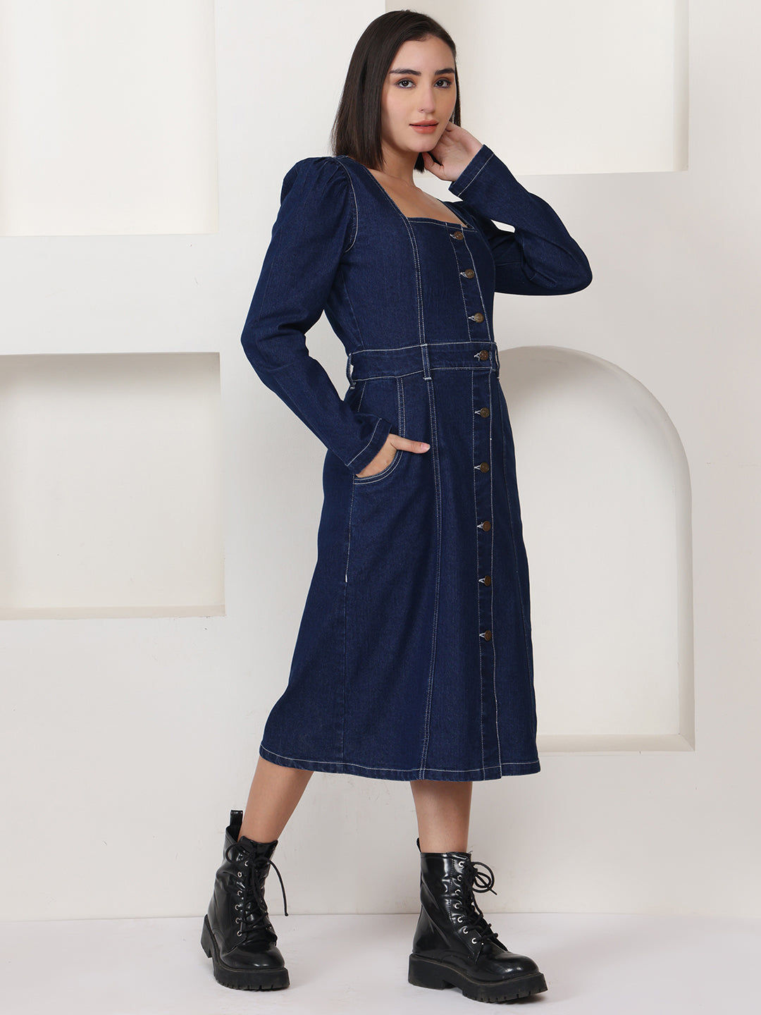 denim square-neck midi dress Elsie & Zoey Midi Dress Elle Sleeveless Stretch Denim Square Neck