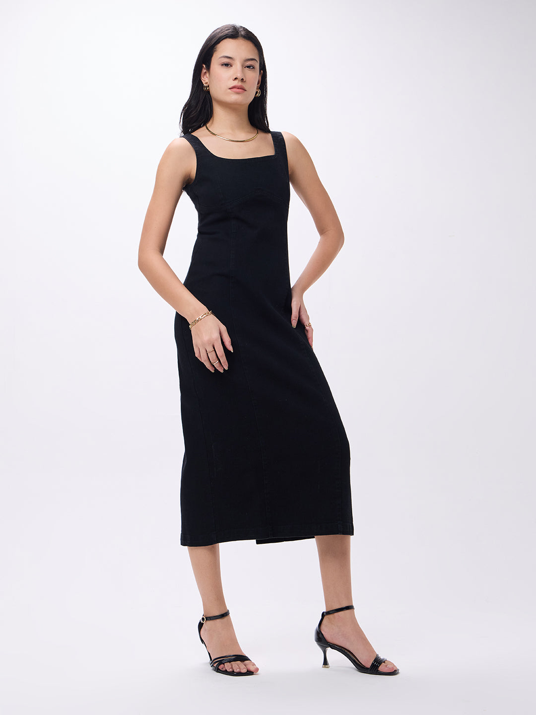 PUELLA Women’s Black Sleeveless Denim Bodycon Midi Dress