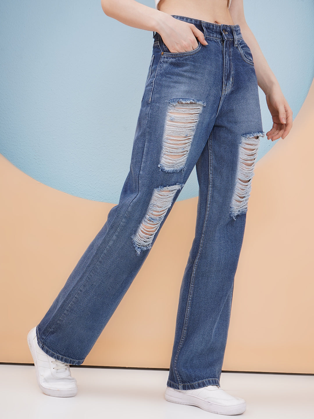 PUELLA Women Dark Blue High-Rise Distressed Straight Fit Jeans