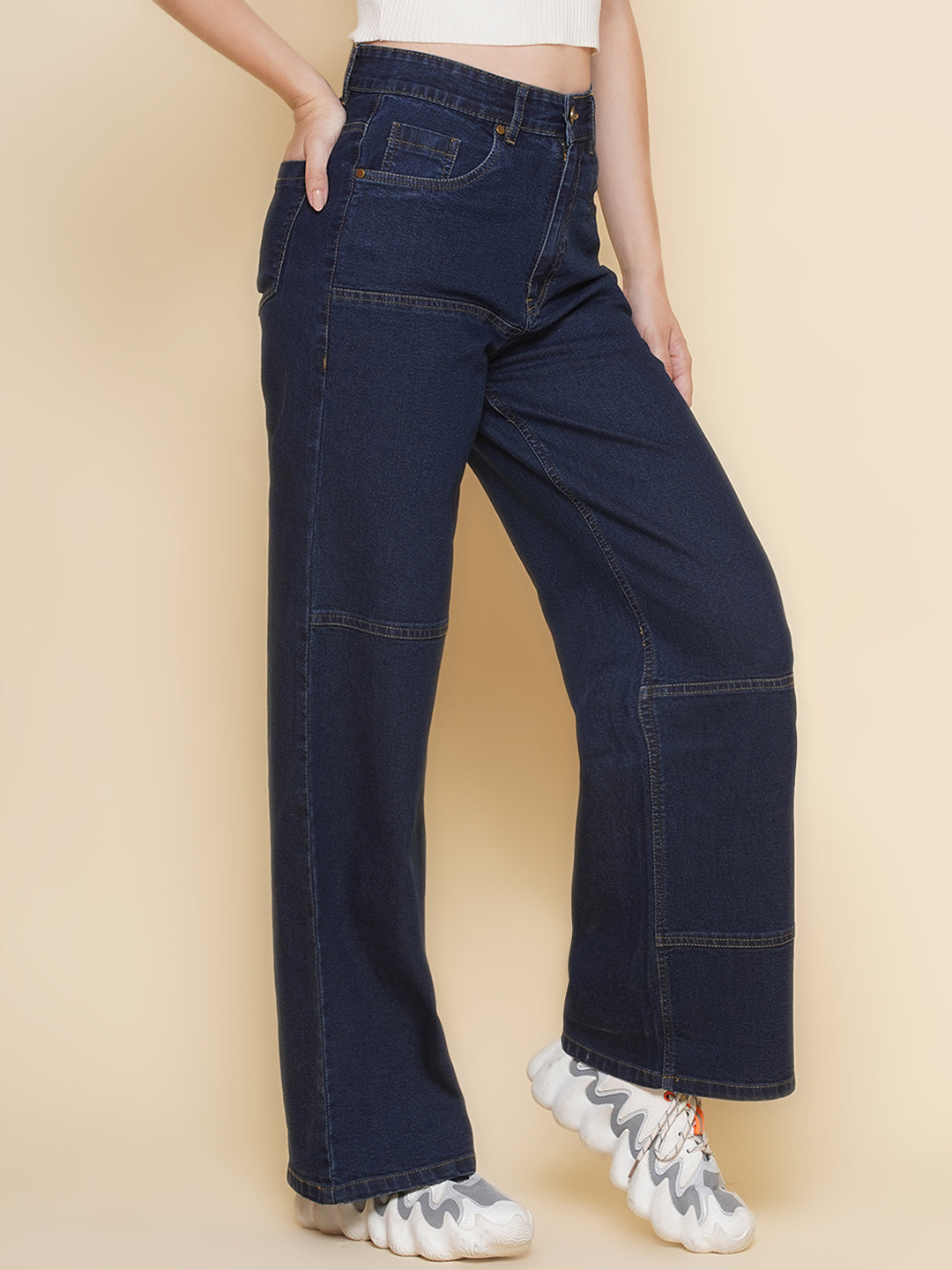 PUELLA Women’s High-Rise Loose Straight Fit Jeans – Dark Blue Patch Stitch Denim