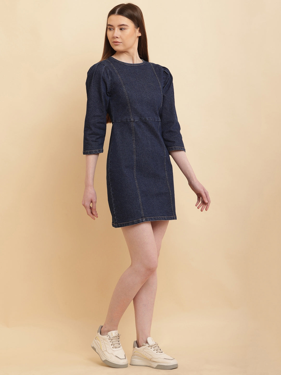PUELLA Women Dark Blue Solid Denim Mini Dress with Puff Sleeves