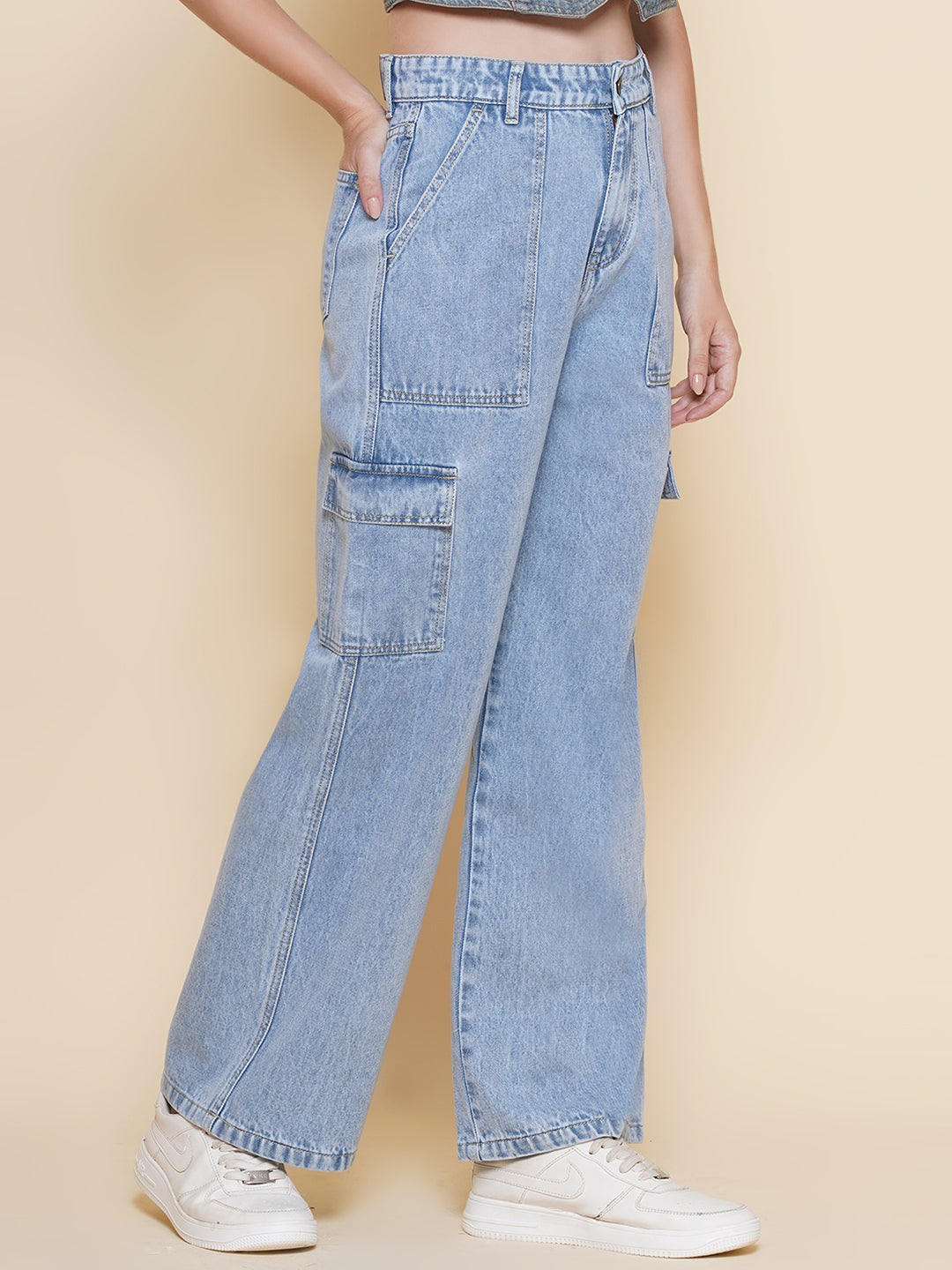 PUELLA Women’s Light Blue Cargo Straight Fit stretchable Jeans – Multi-Pocket Utility Denim