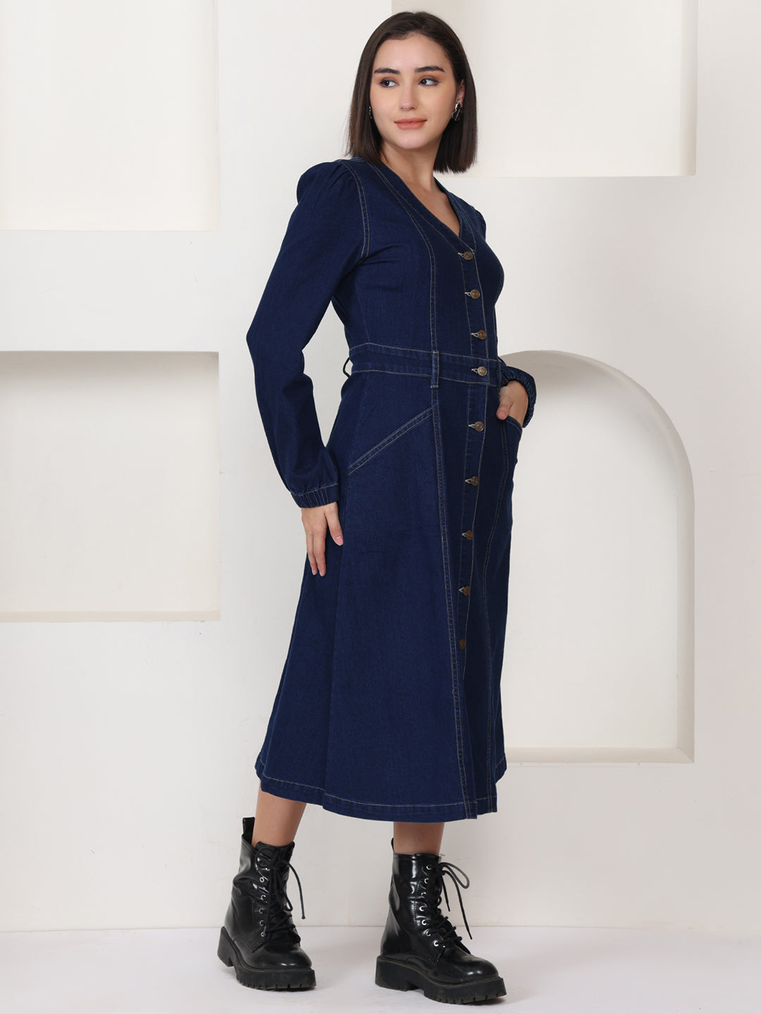 PUELLA Navy Blue Solid Denim Fit & Flare Midi Dress