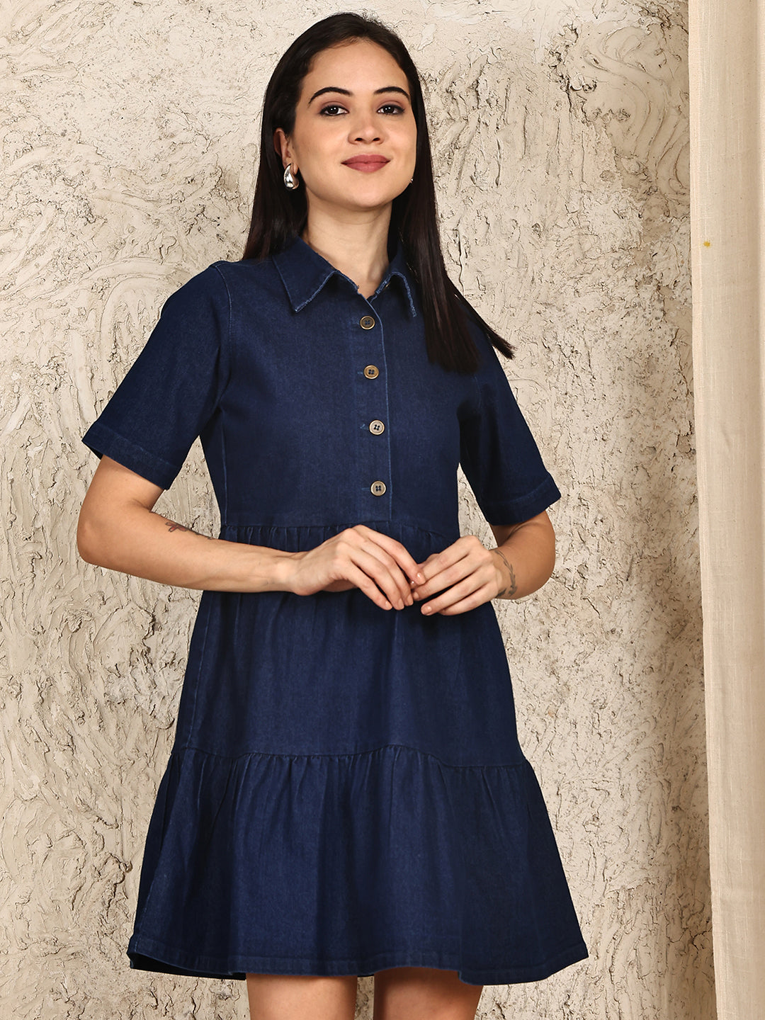 PUELLA Women’s Tiered Denim Shirt Dress with Half Sleeves & Button-Down Front