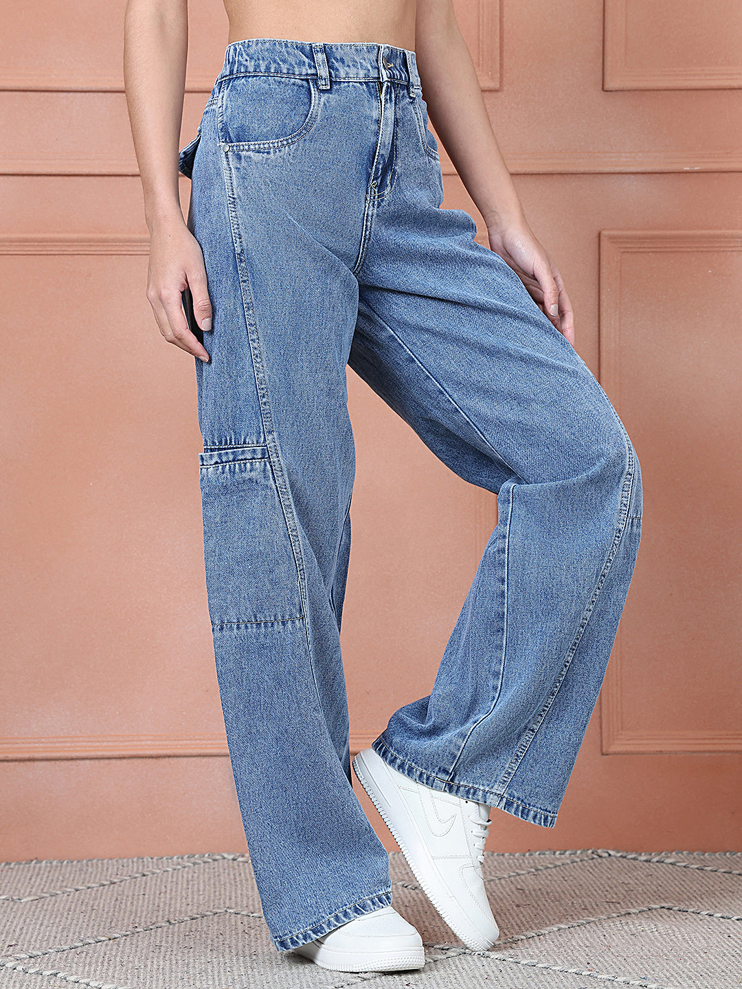 PUELLA Women Light Blue Elasticated Waist Cargo-Style Wide-Leg Jeans