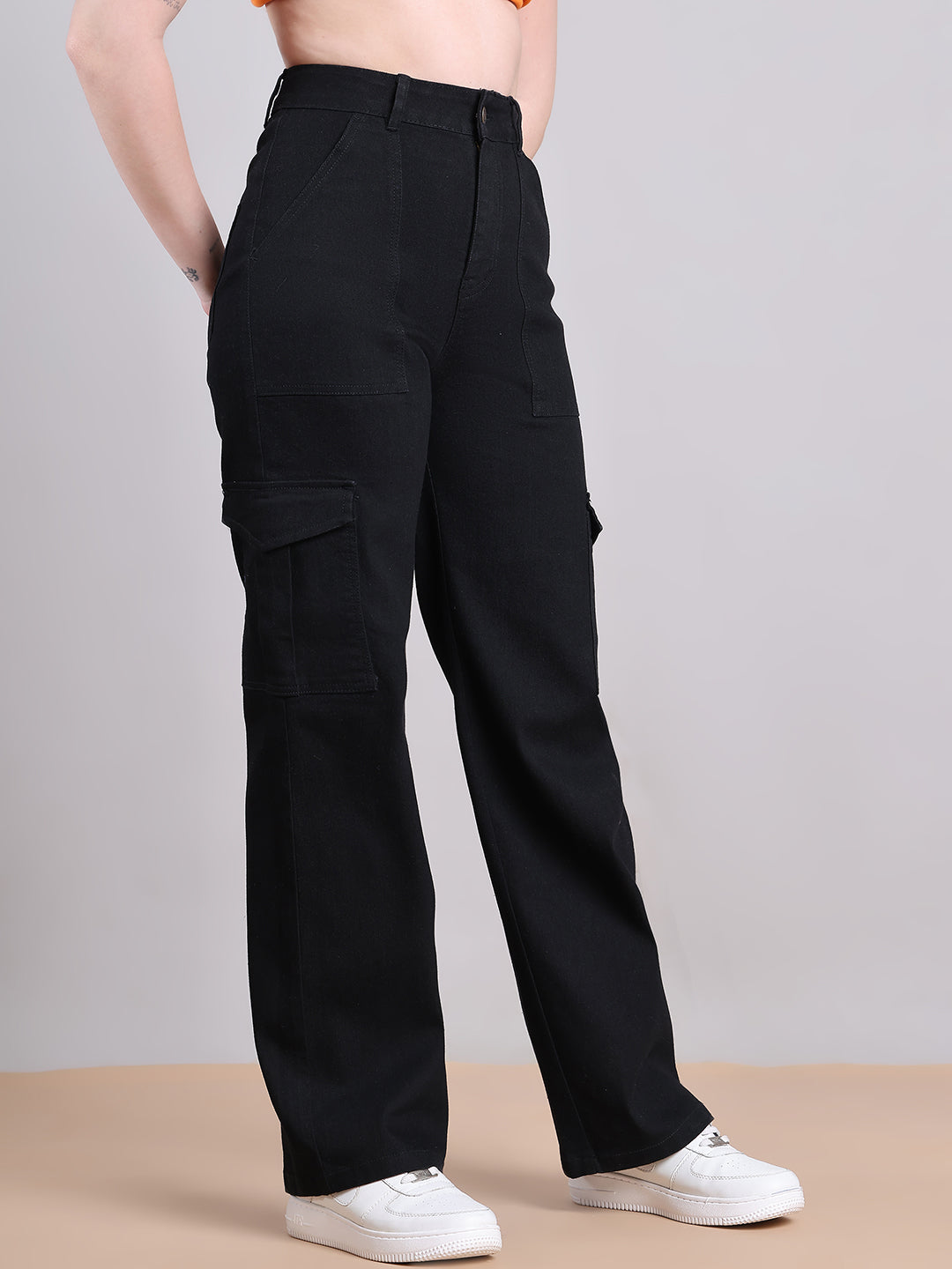 PUELLA Women Black High-Rise Cargo Wide-Leg Jeans