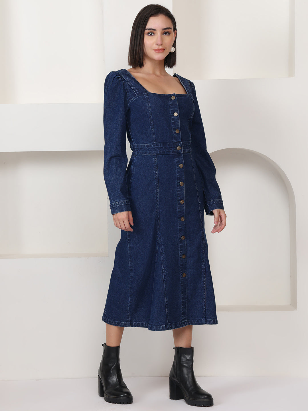 PUELLA Blue Solid Denim Fit & Flare Midi Dress