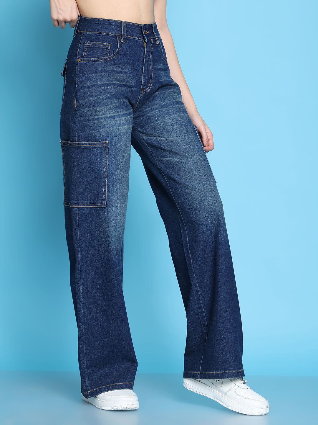 PUELLA Women High-Rise Dark Indigo Cargo Wide-Leg Jeans