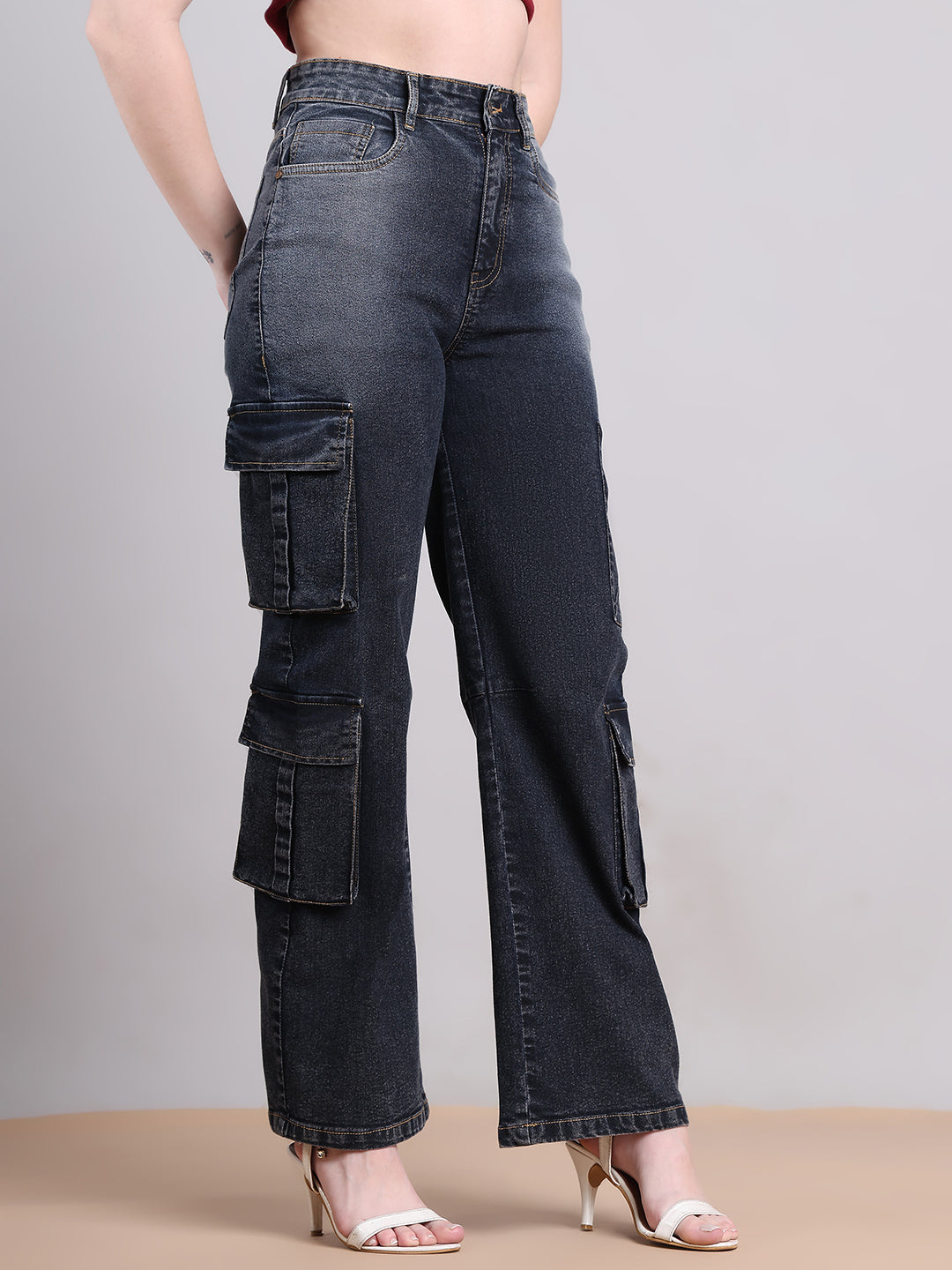 PUELLA Dark Black High-Rise Straight Fit Cargo-Style Jeans