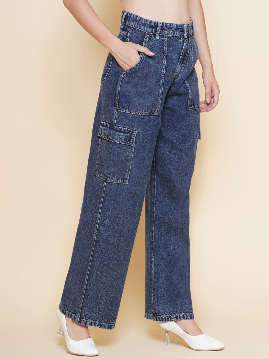 PUELLA Women’s Dark Blue Cargo Straight Fit stretchable Jeans – Multi-Pocket Utility Denim