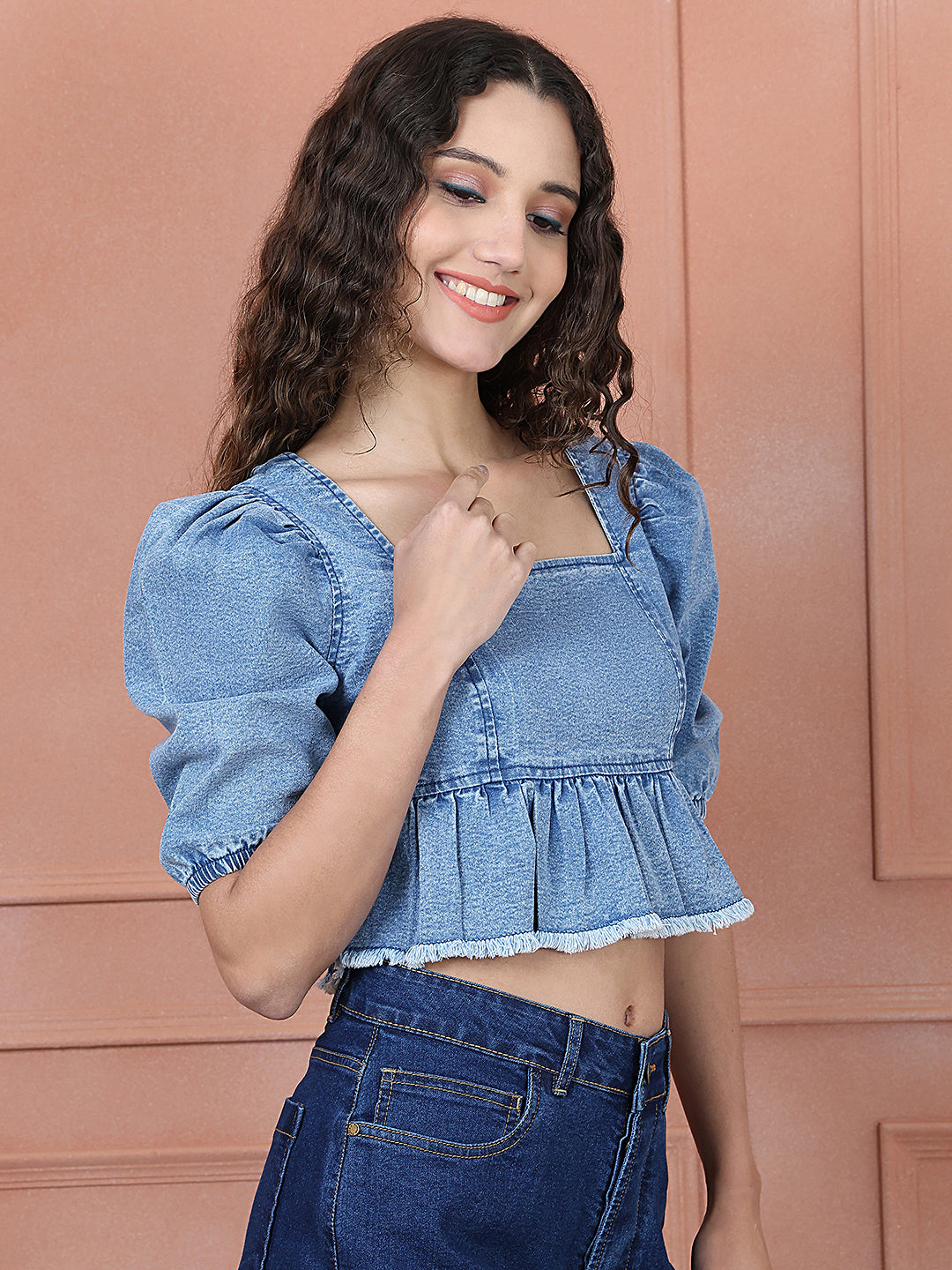 PUELLA Women’s Denim Puff Sleeve Peplum Crop Top – Stylish Square Neck Western Wear
