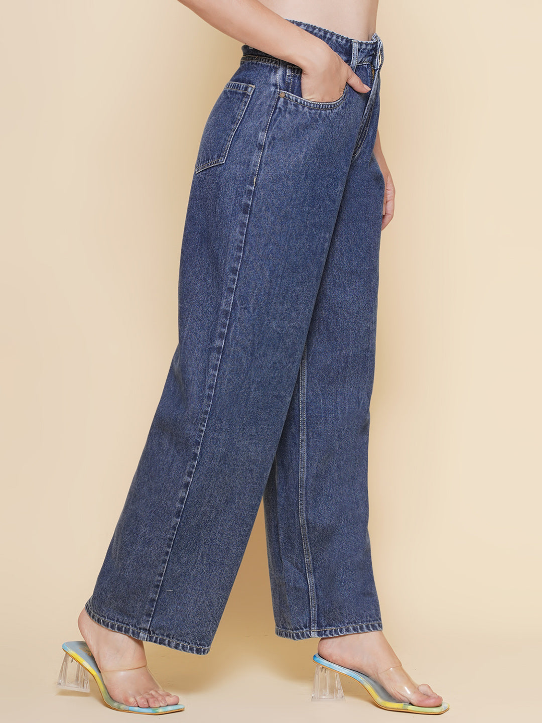 PUELLA Women’s Dark Blue High-Rise Straight Fit Jeans