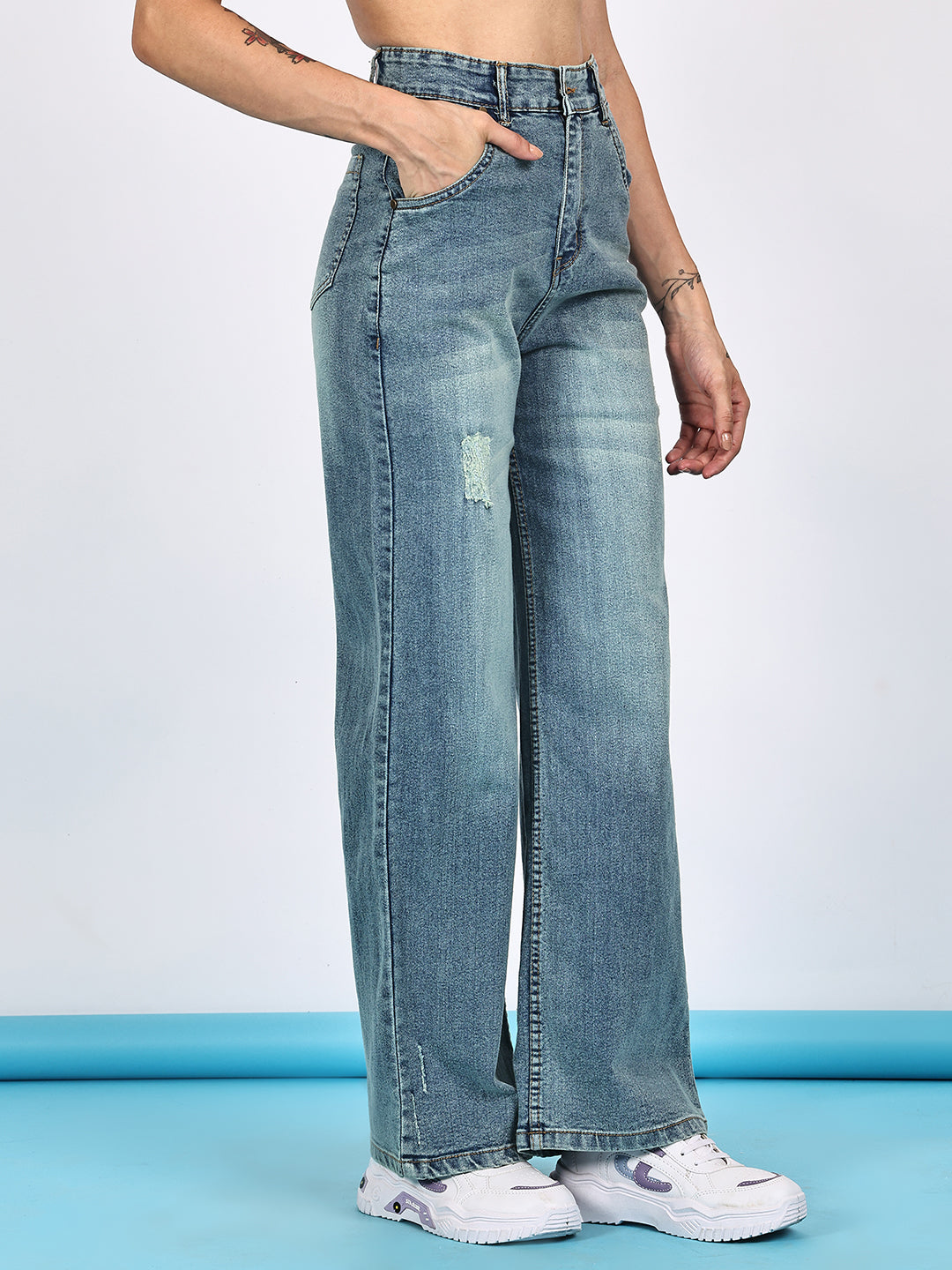 PUELLA Women High-Rise Mid-Blue Distressed Wide-Leg Jeans