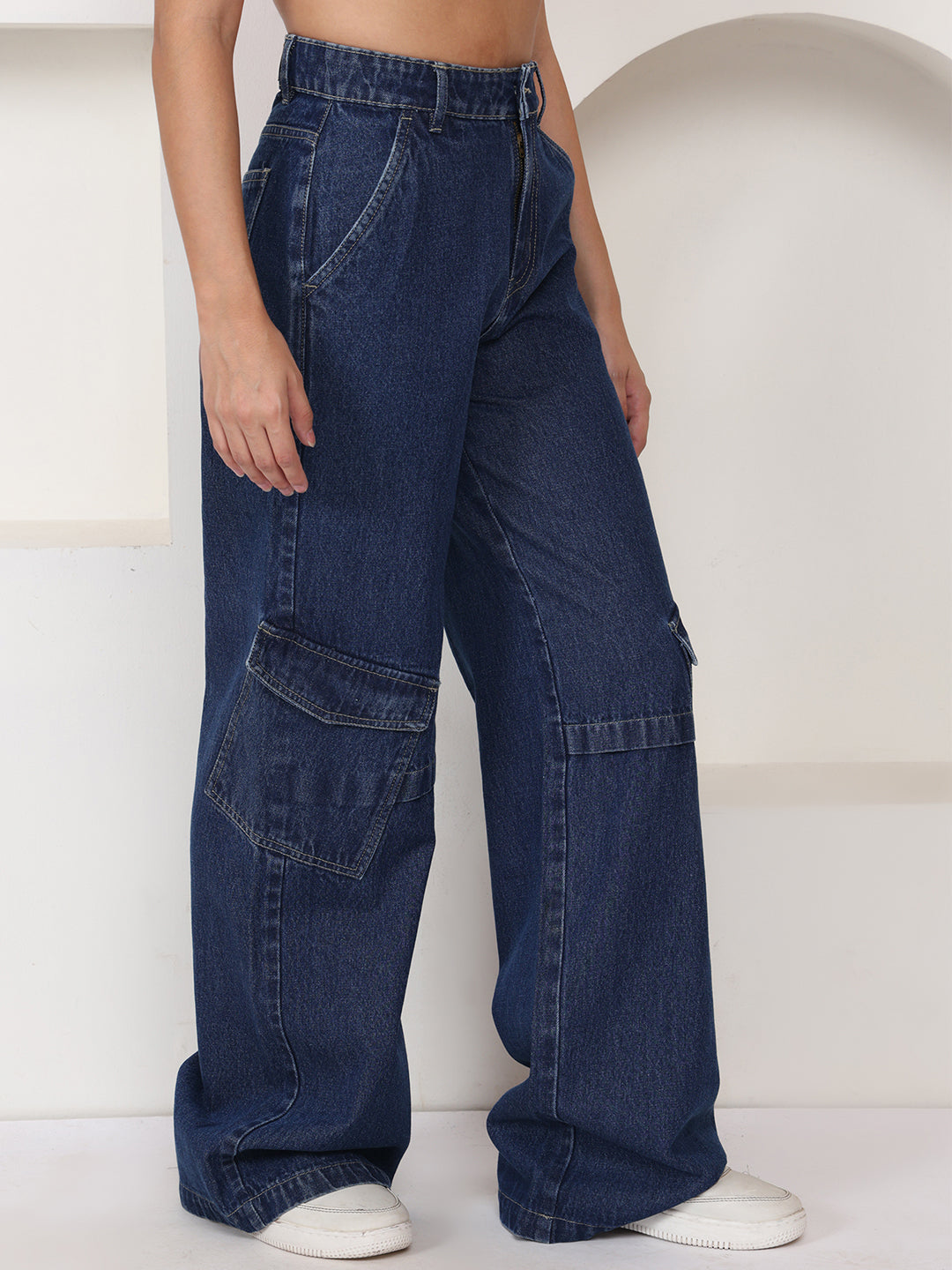 PUELLA Women Dark Blue No-Fade High-Rise Baggy Cargo Jeans