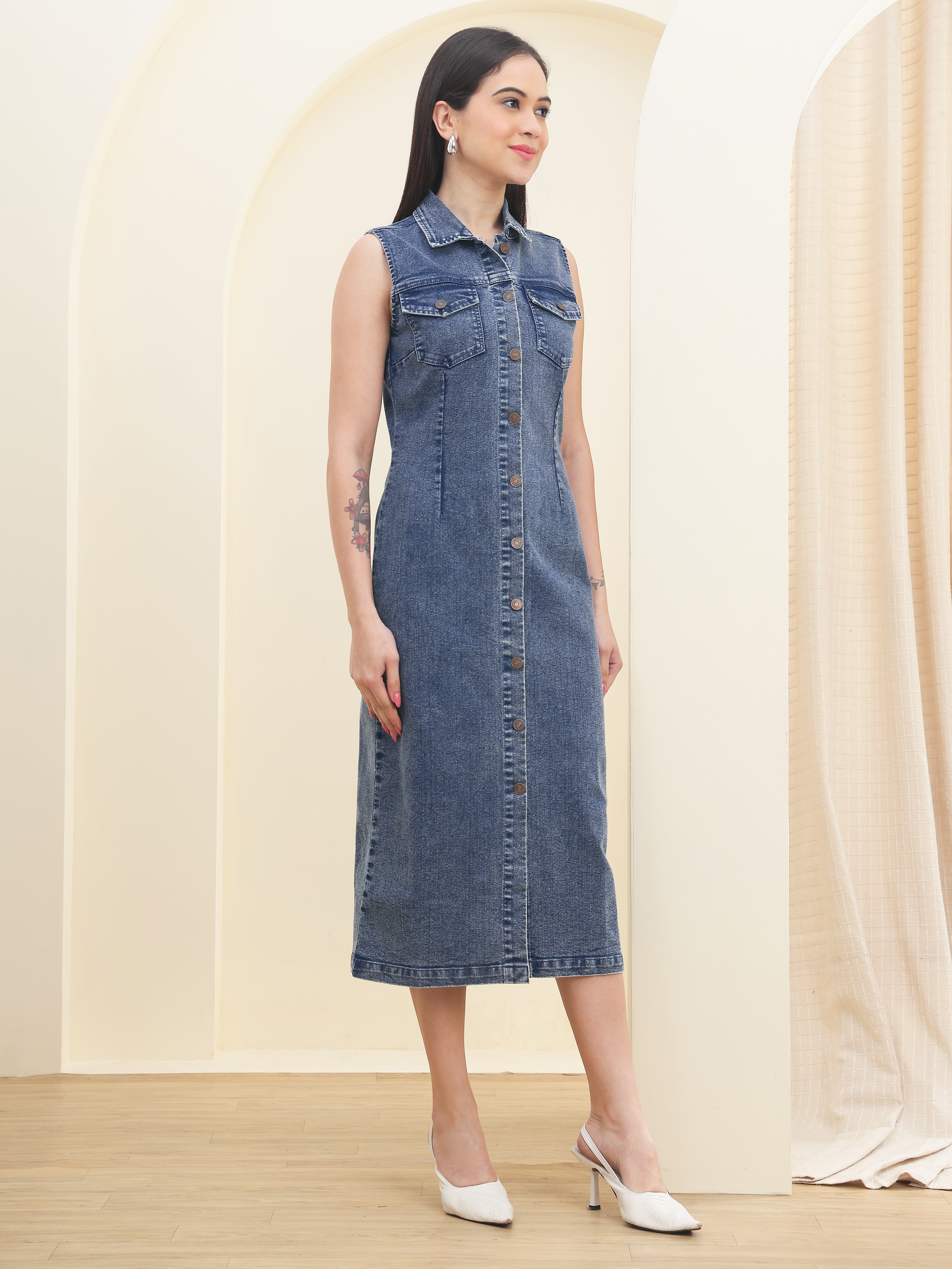 DOZER Dark Blue Denim Button-Down Maxi Dress