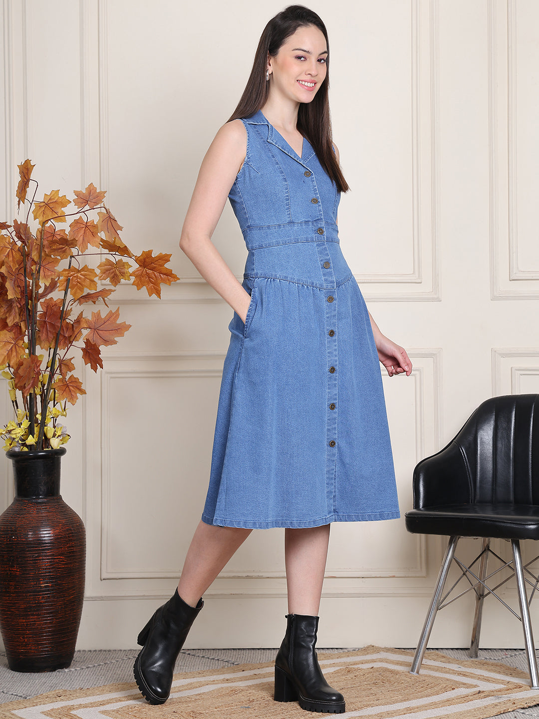 PUELLA Women’s Light Blue Sleeveless Denim Collared A-Line Midi Dress