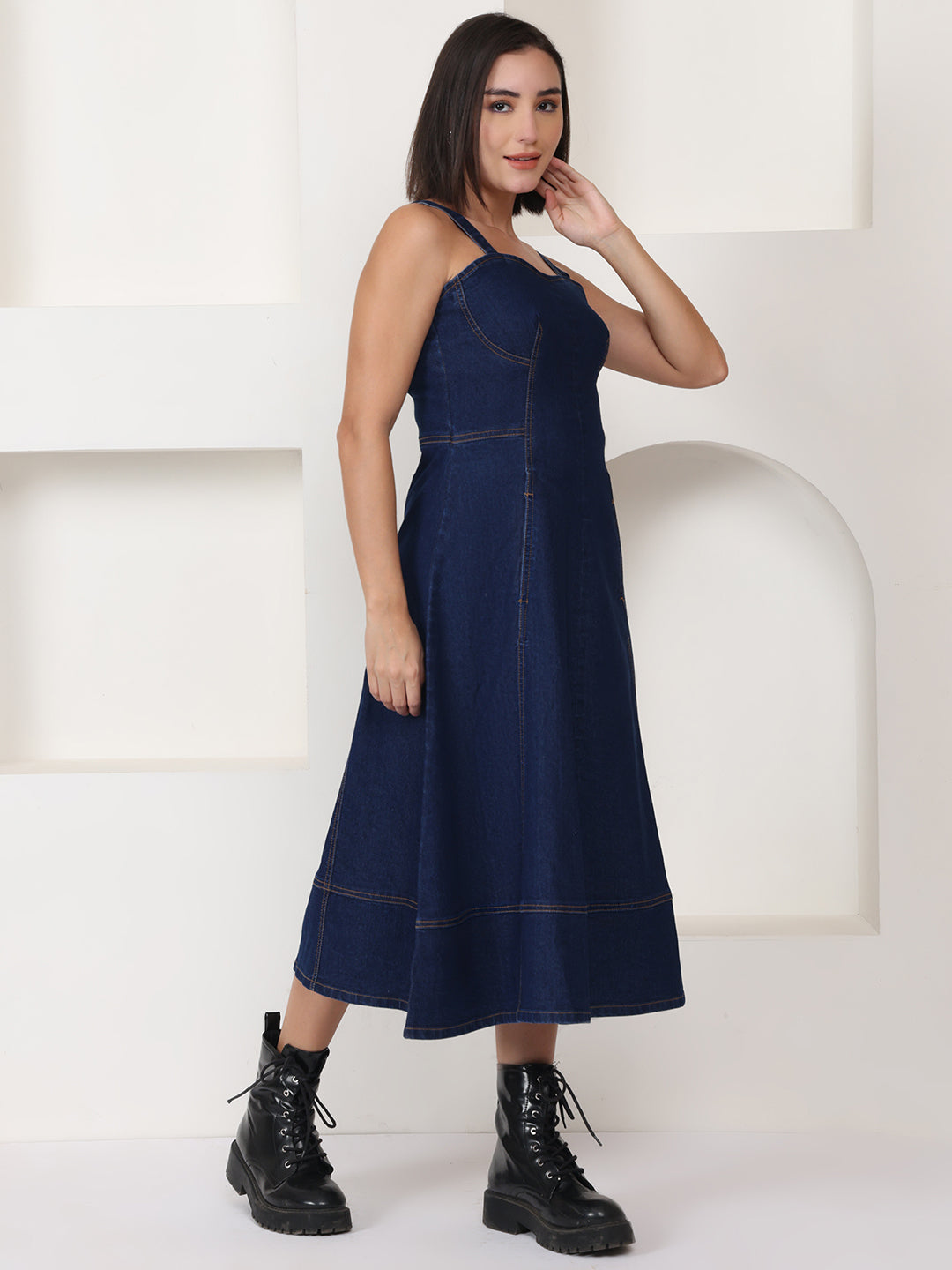 PUELLA Navy Blue Solid Denim A-Line Midi Dress