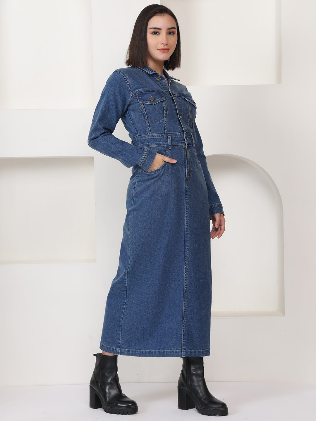 PUELLA Blue Solid Denim Sheath Maxi Dress